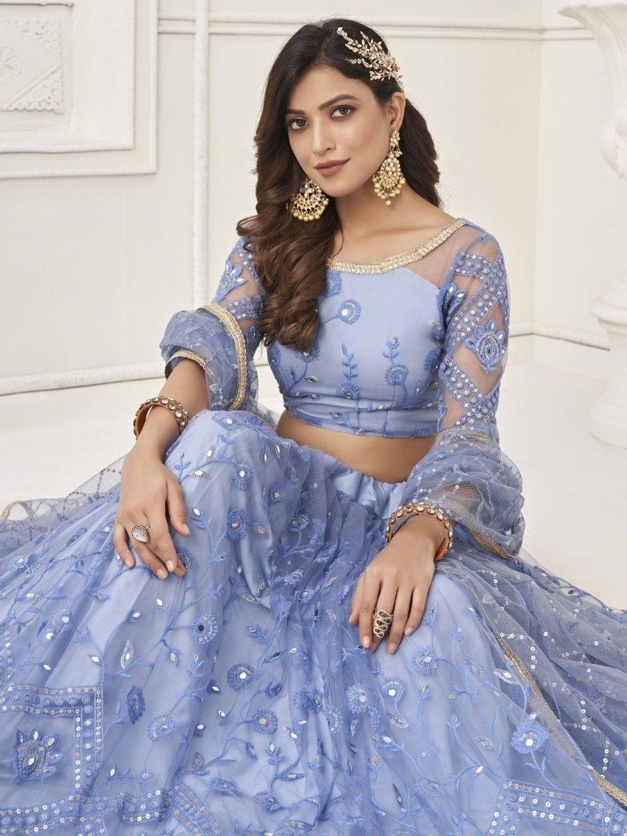 Light Blue Embroidered Net Engagement Wear Lehenga Choli for Women