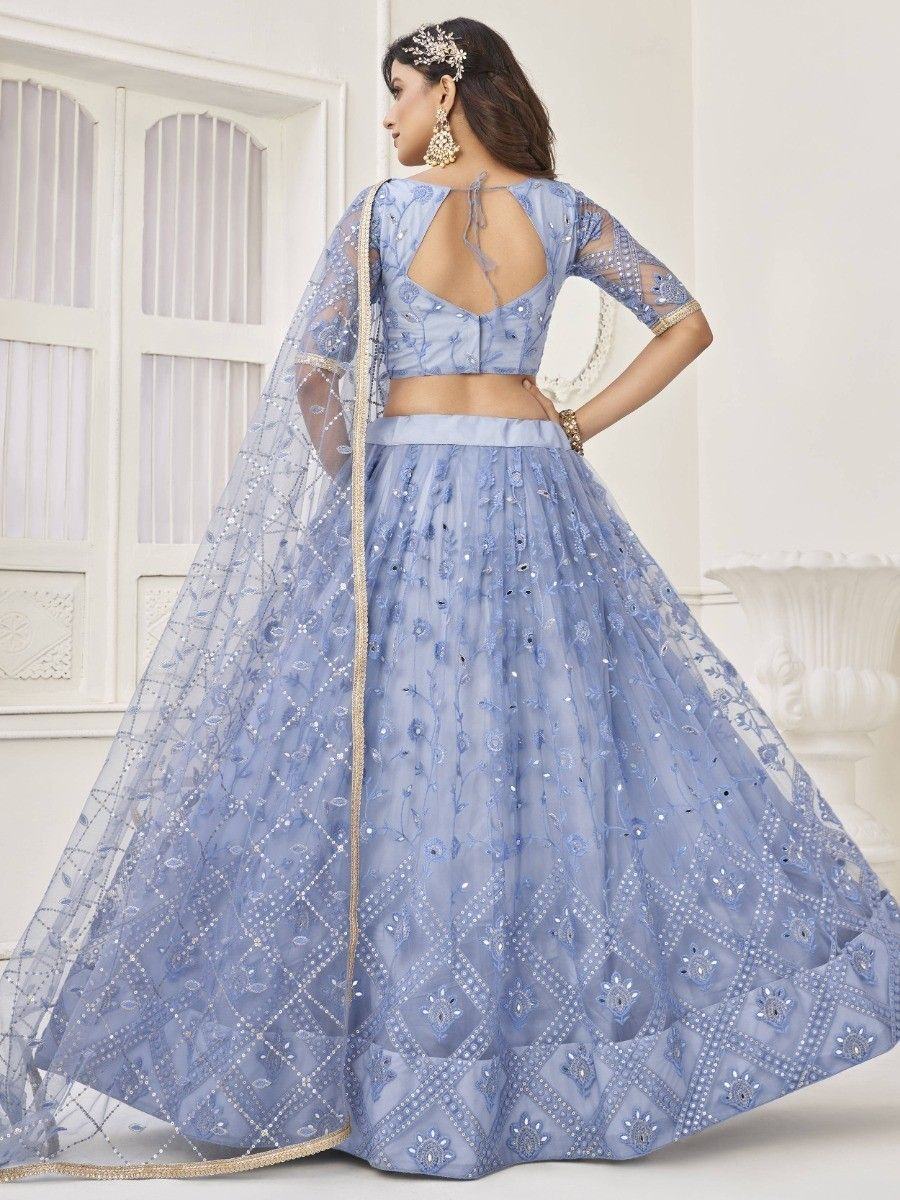 Light Blue Embroidered Net Engagement Wear Lehenga Choli for Women