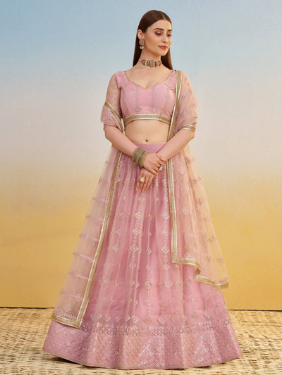 Baby Pink Net Sequins Embroidered Bridesmaids Lehenga Choli for Women