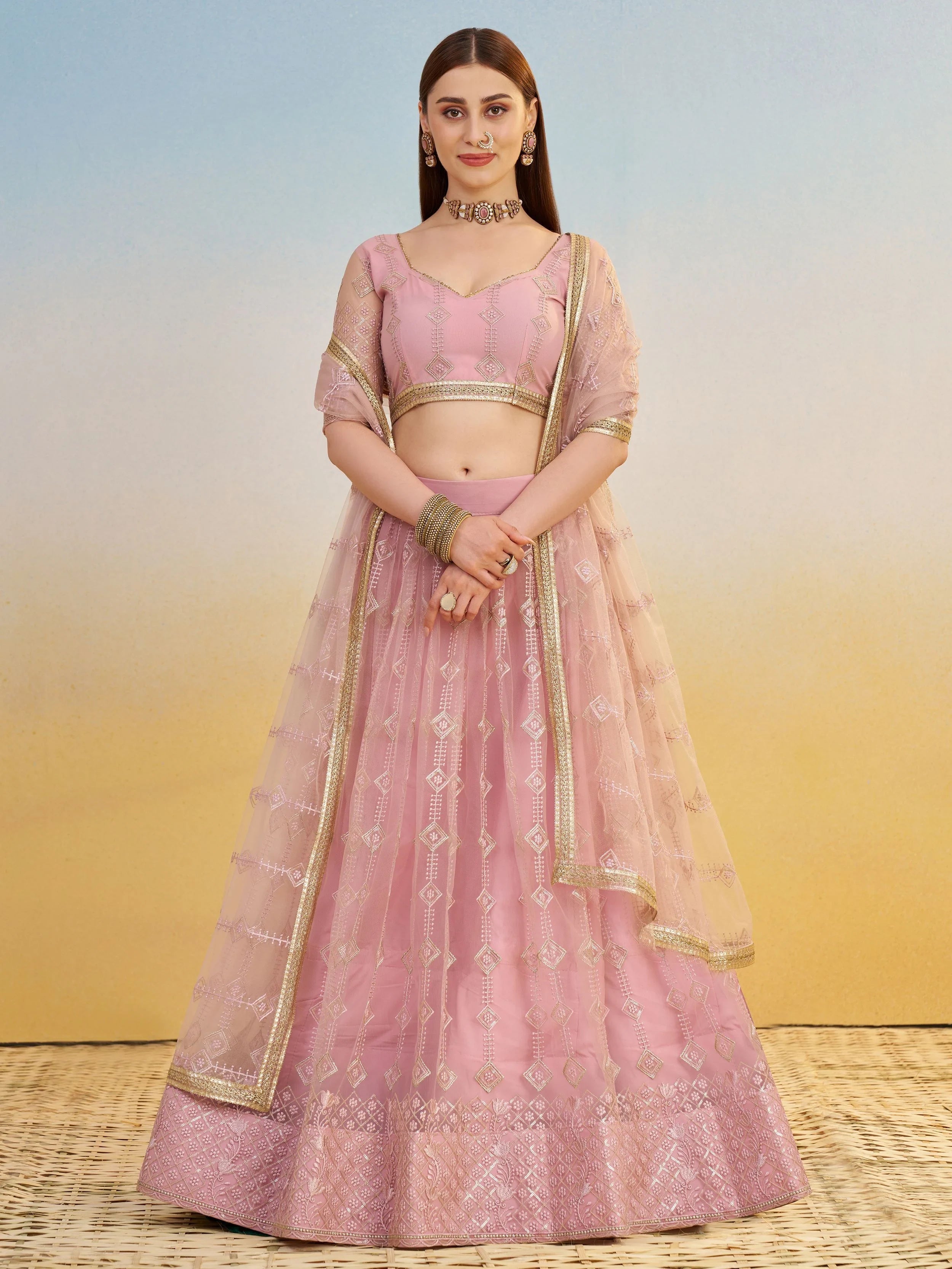 Baby Pink Net Sequins Embroidered Bridesmaids Lehenga Choli for Women