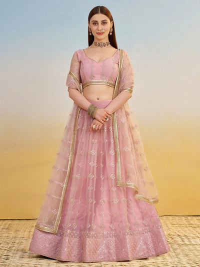 Baby Pink Net Sequins Embroidered Bridesmaids Lehenga Choli for Women