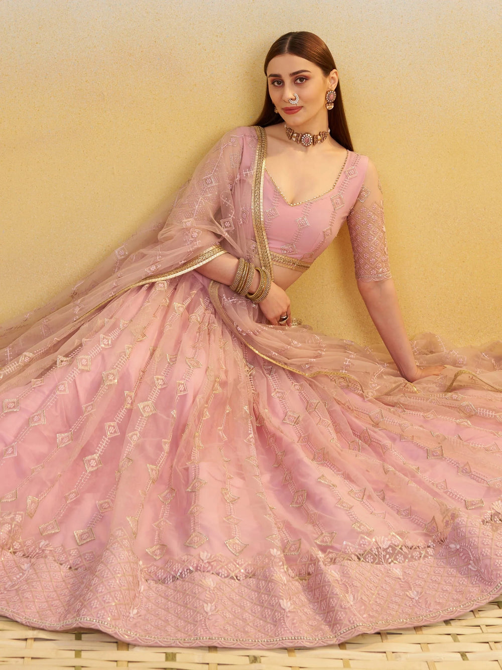Baby Pink Net Sequins Embroidered Bridesmaids Lehenga Choli for Women