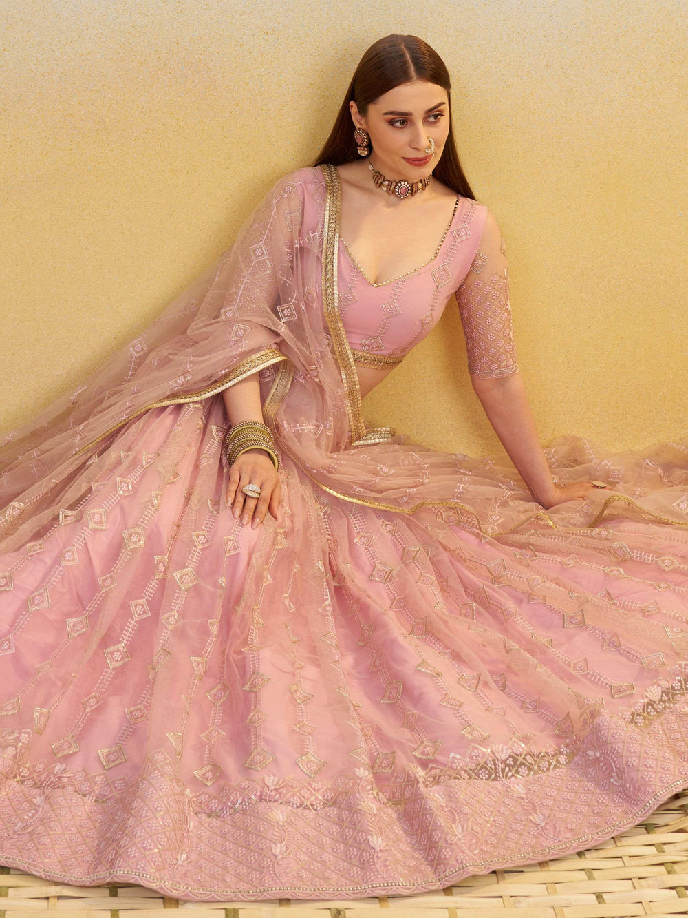 Baby Pink Net Sequins Embroidered Bridesmaids Lehenga Choli for Women