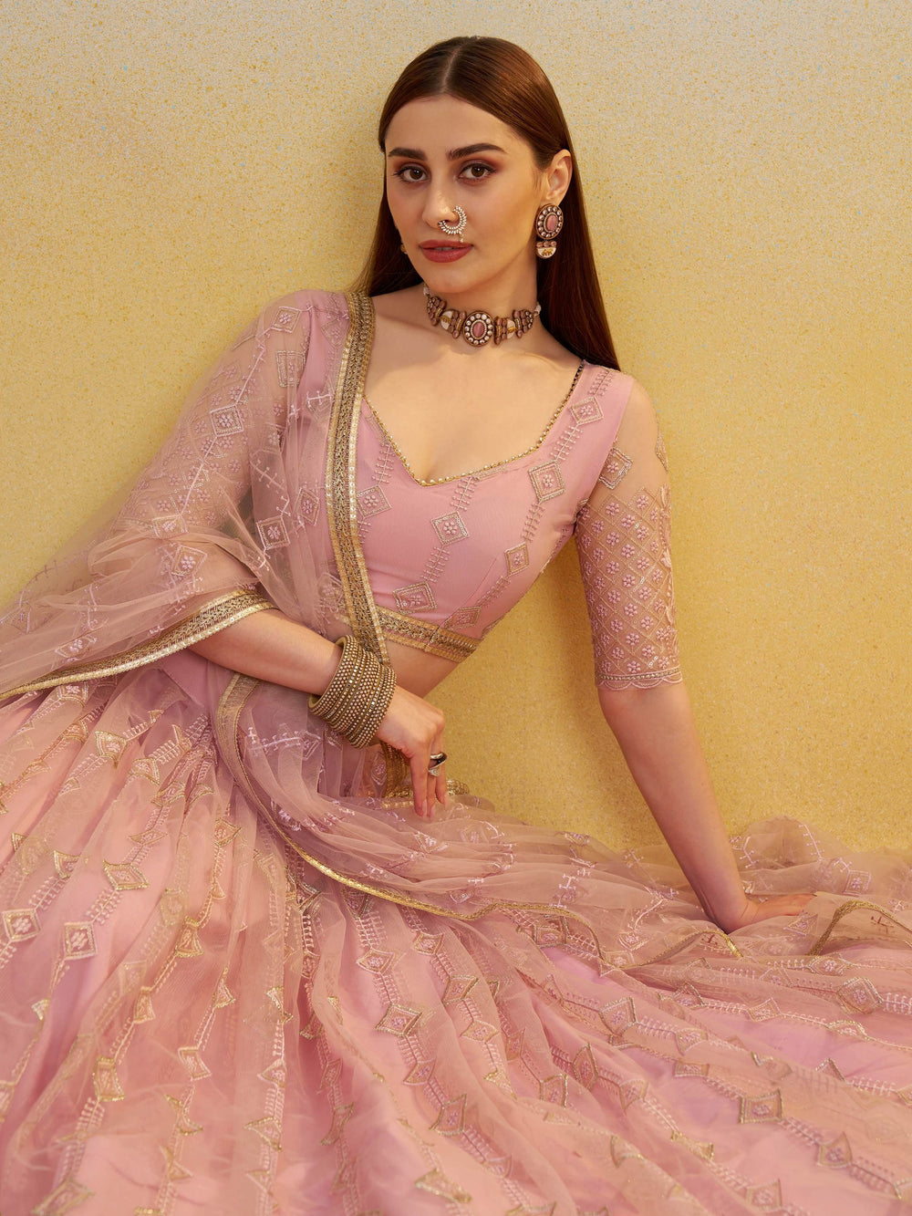 Baby Pink Net Sequins Embroidered Bridesmaids Lehenga Choli for Women