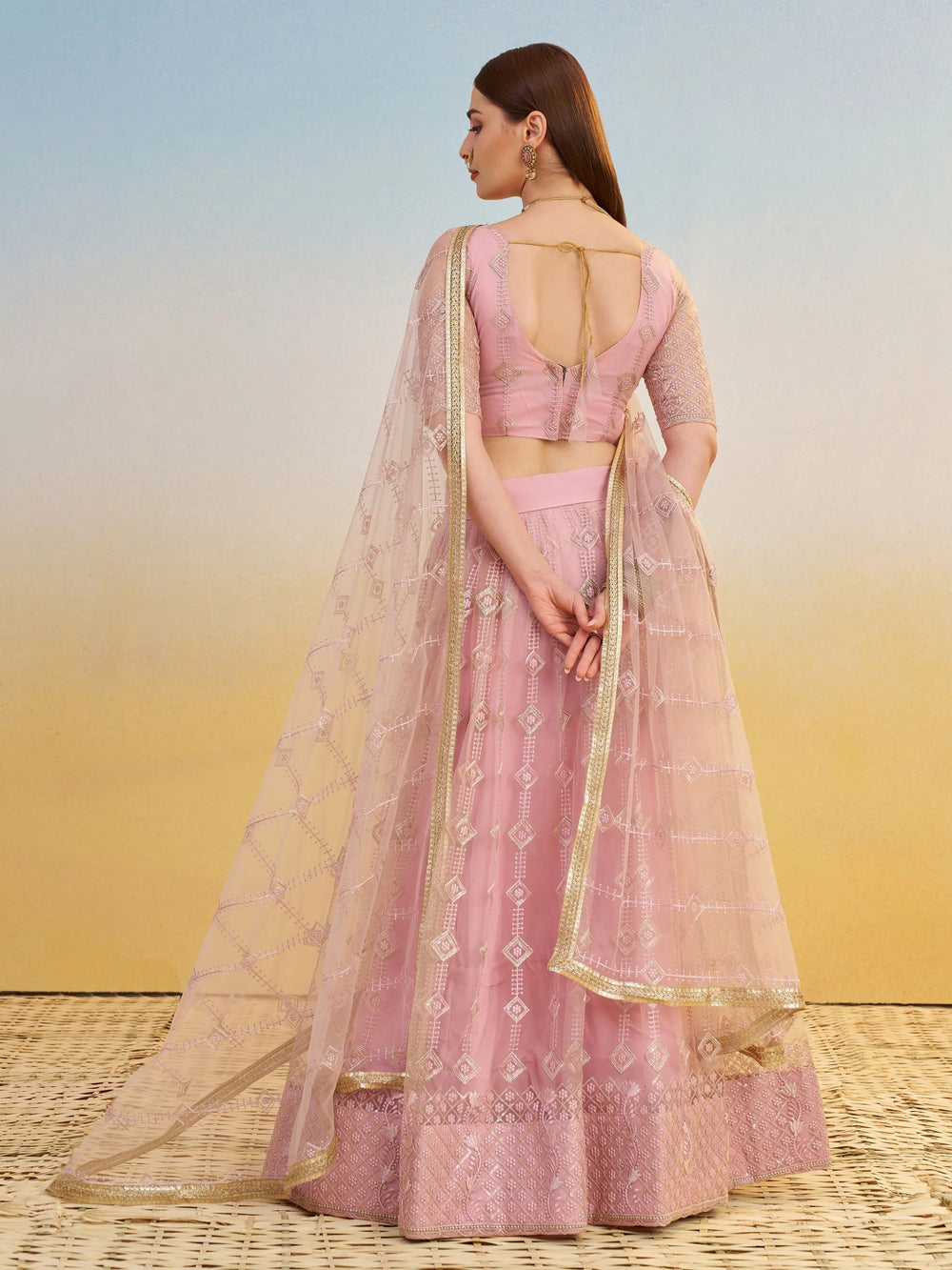 Baby Pink Net Sequins Embroidered Bridesmaids Lehenga Choli for Women