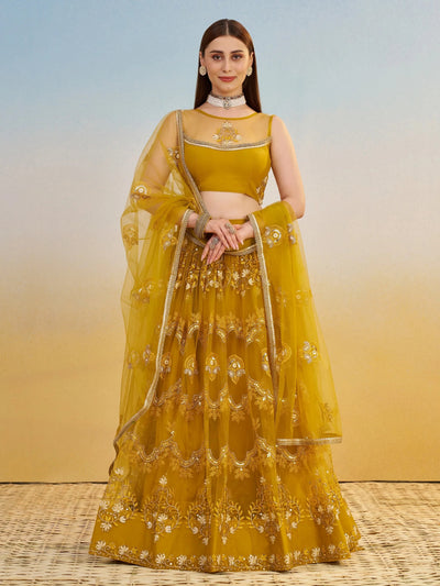 Mustard Yellow Thread Embroidered Net Haldi Wear Lehenga Choli for Women