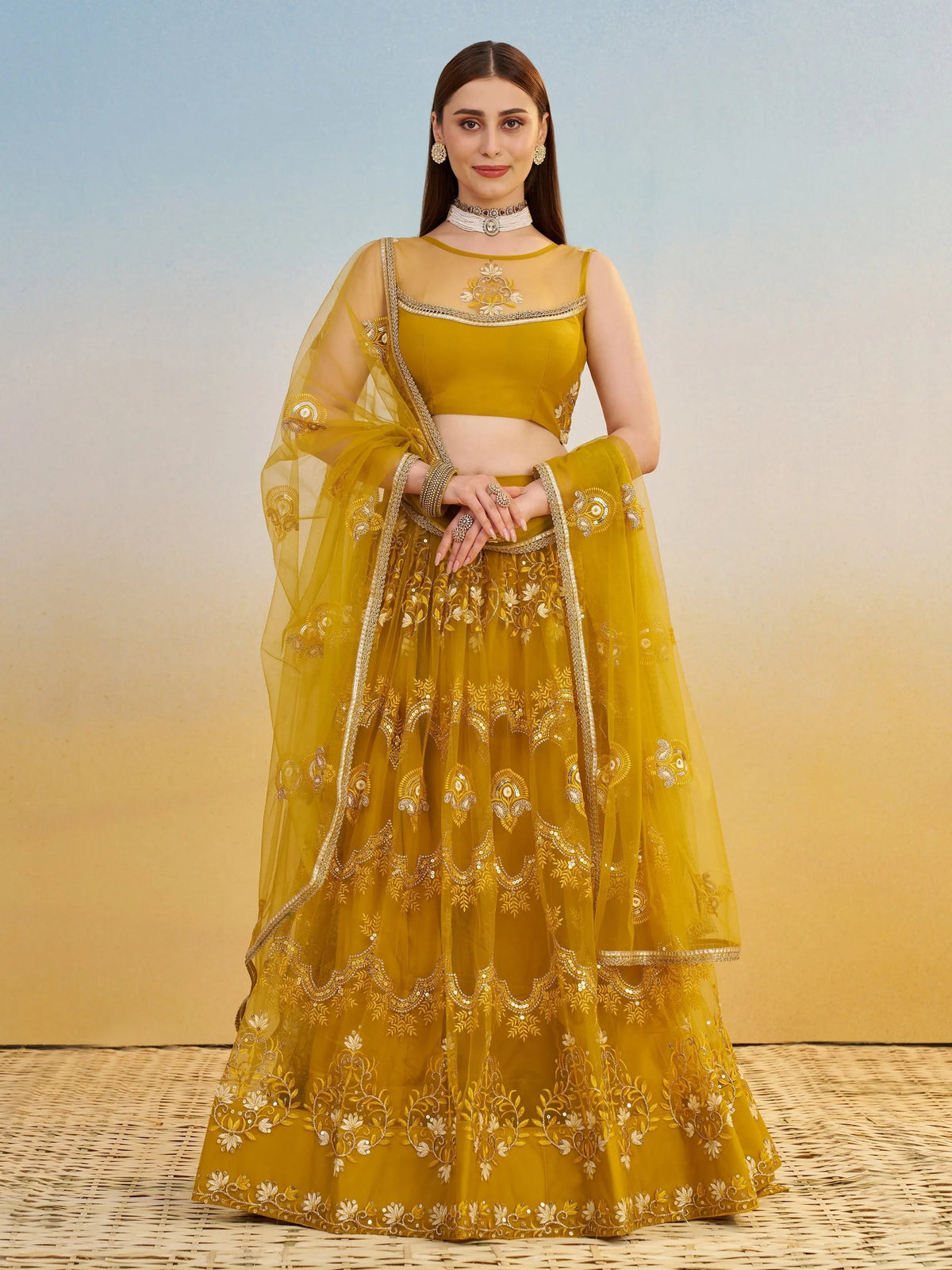 Mustard Yellow Thread Embroidered Net Haldi Wear Lehenga Choli for Women