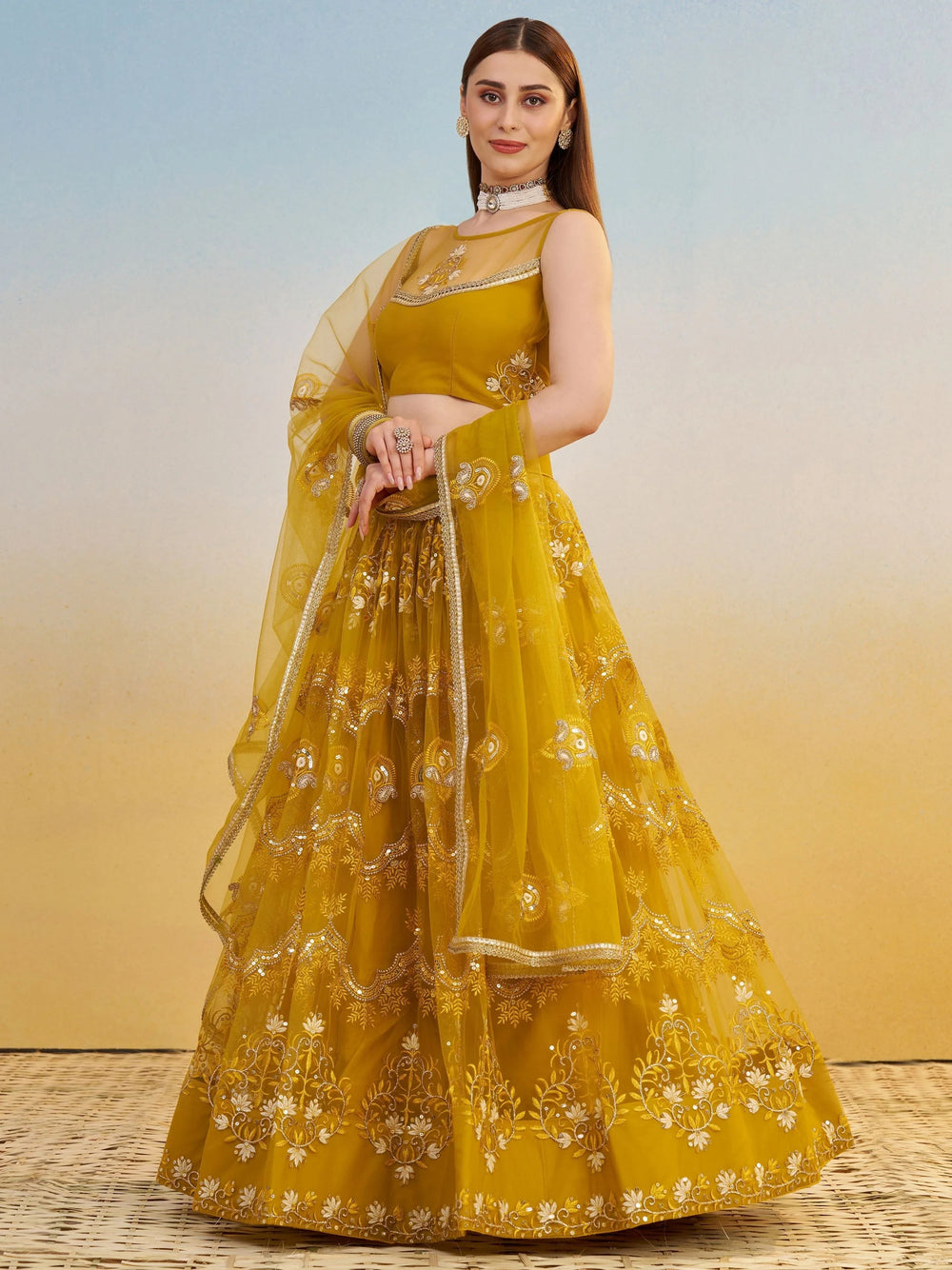 Mustard Yellow Thread Embroidered Net Haldi Wear Lehenga Choli for Women