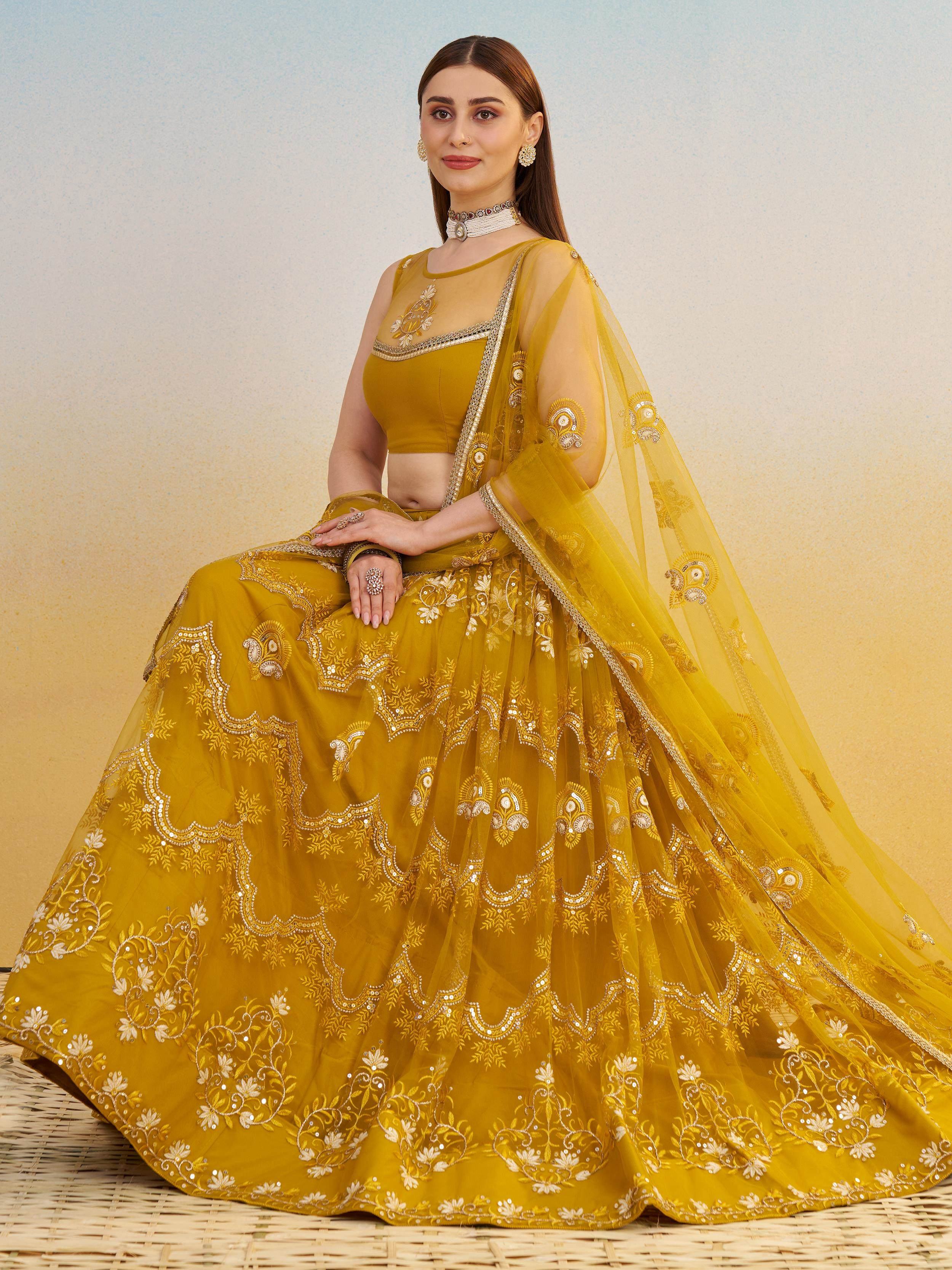 Mustard Yellow Thread Embroidered Net Haldi Wear Lehenga Choli for Women