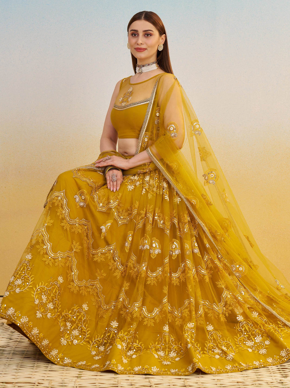 Mustard Yellow Thread Embroidered Net Haldi Wear Lehenga Choli for Women