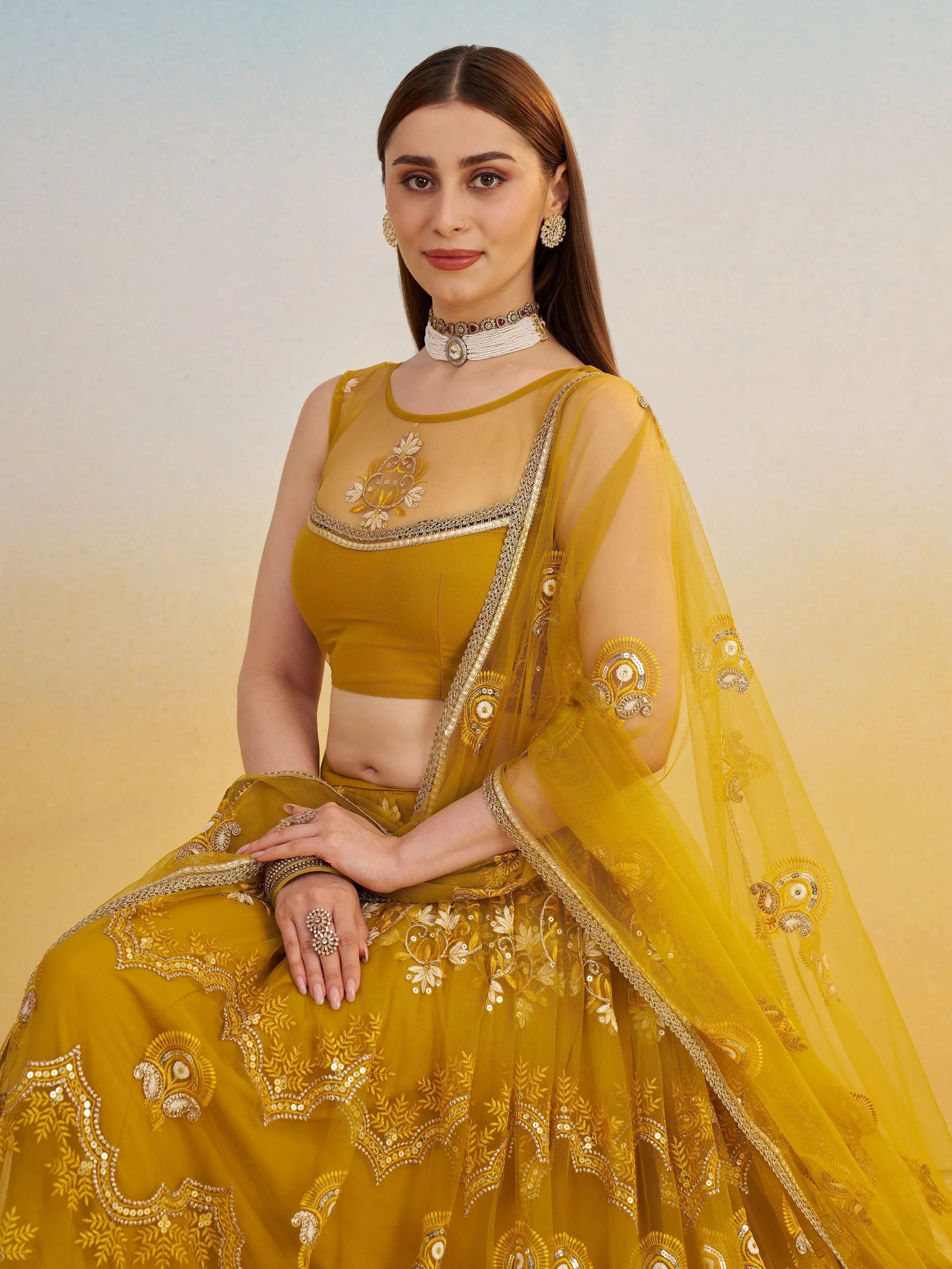 Mustard Yellow Thread Embroidered Net Haldi Wear Lehenga Choli for Women