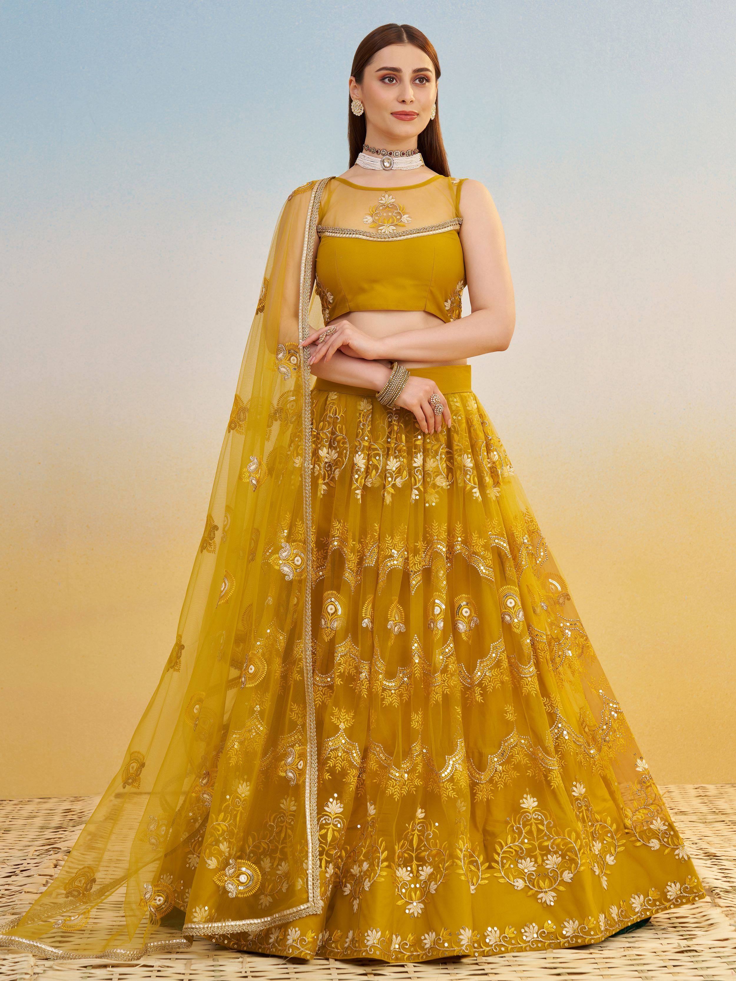Mustard Yellow Thread Embroidered Net Haldi Wear Lehenga Choli for Women