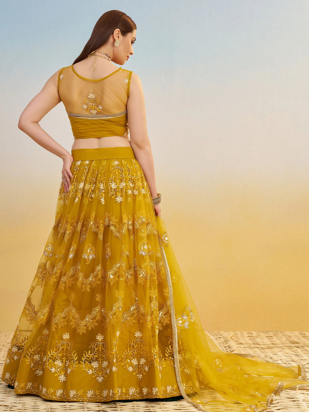 Mustard Yellow Thread Embroidered Net Haldi Wear Lehenga Choli for Women