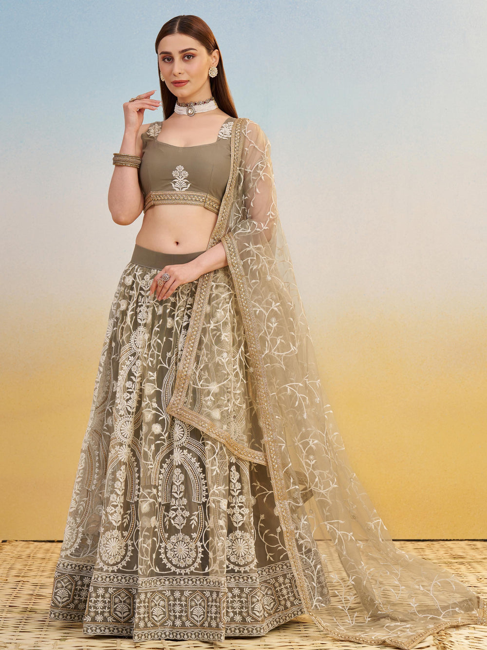 Brown Net Thread Embroidered Reception Wear Lehenga Choli for Women