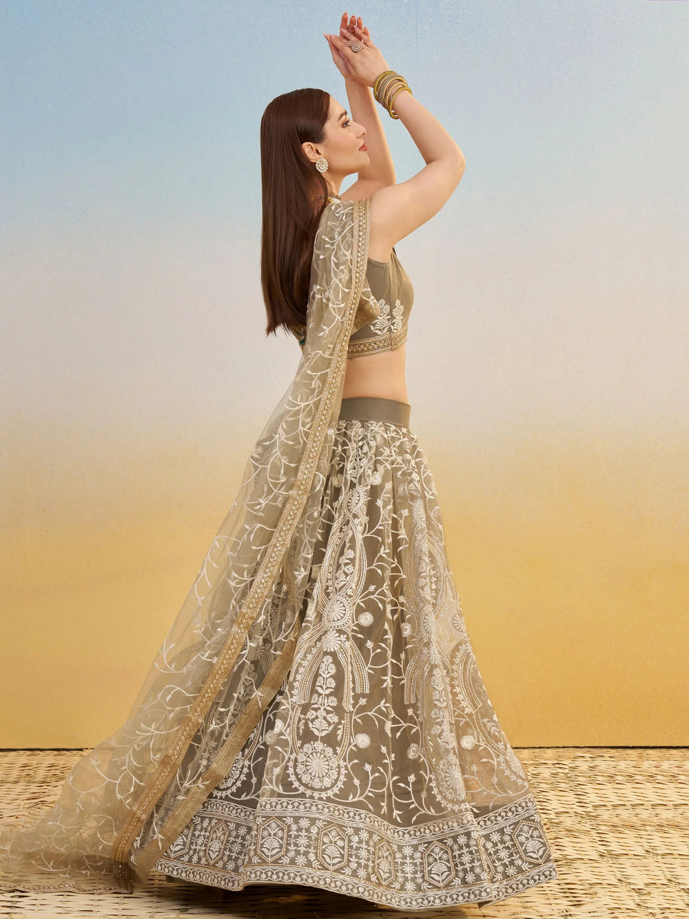 Brown Net Thread Embroidered Reception Wear Lehenga Choli for Women