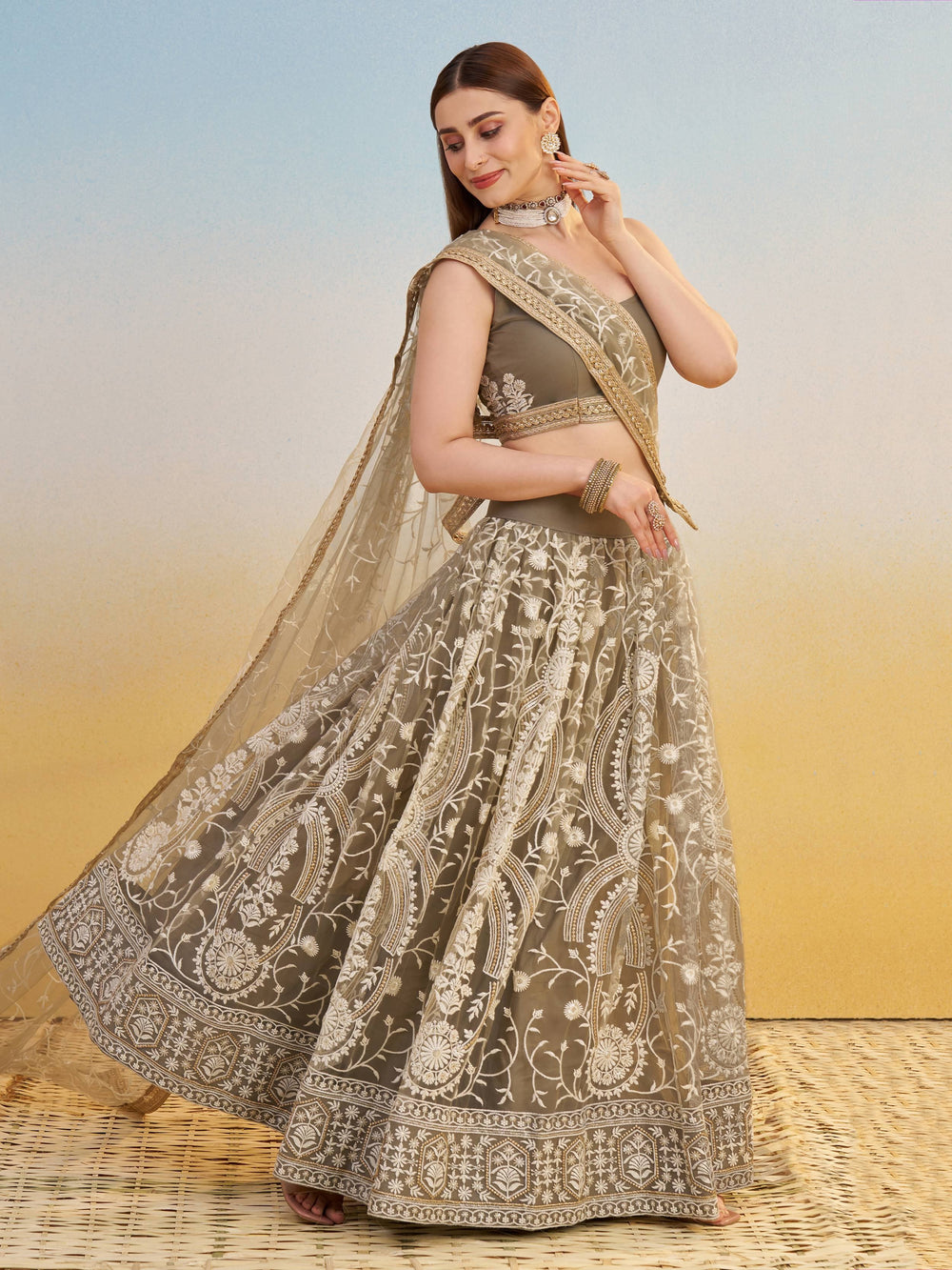 Brown Net Thread Embroidered Reception Wear Lehenga Choli for Women