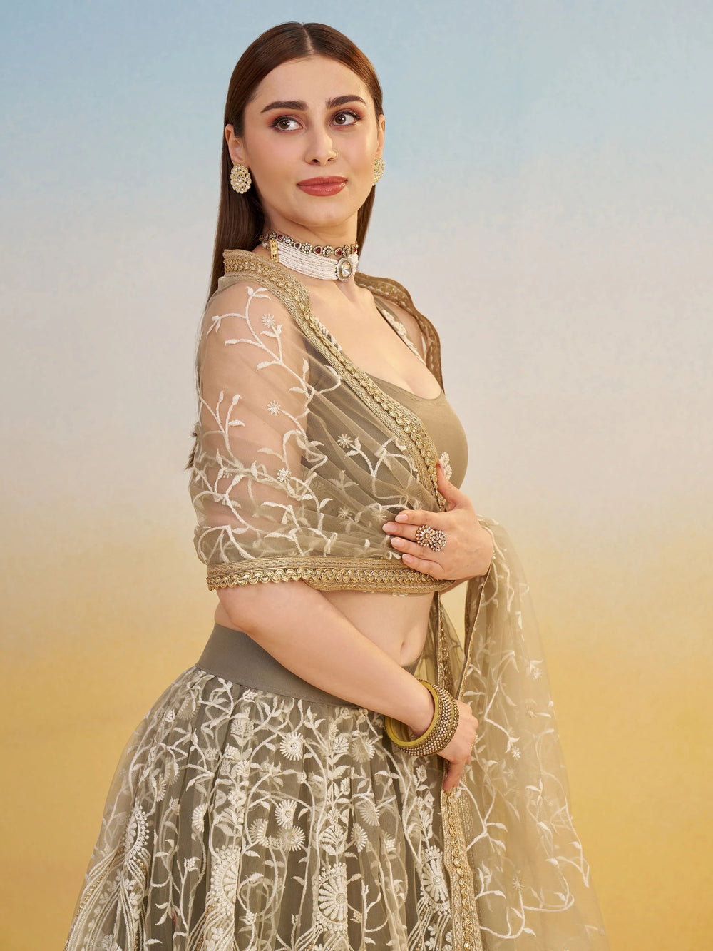 Brown Net Thread Embroidered Reception Wear Lehenga Choli for Women