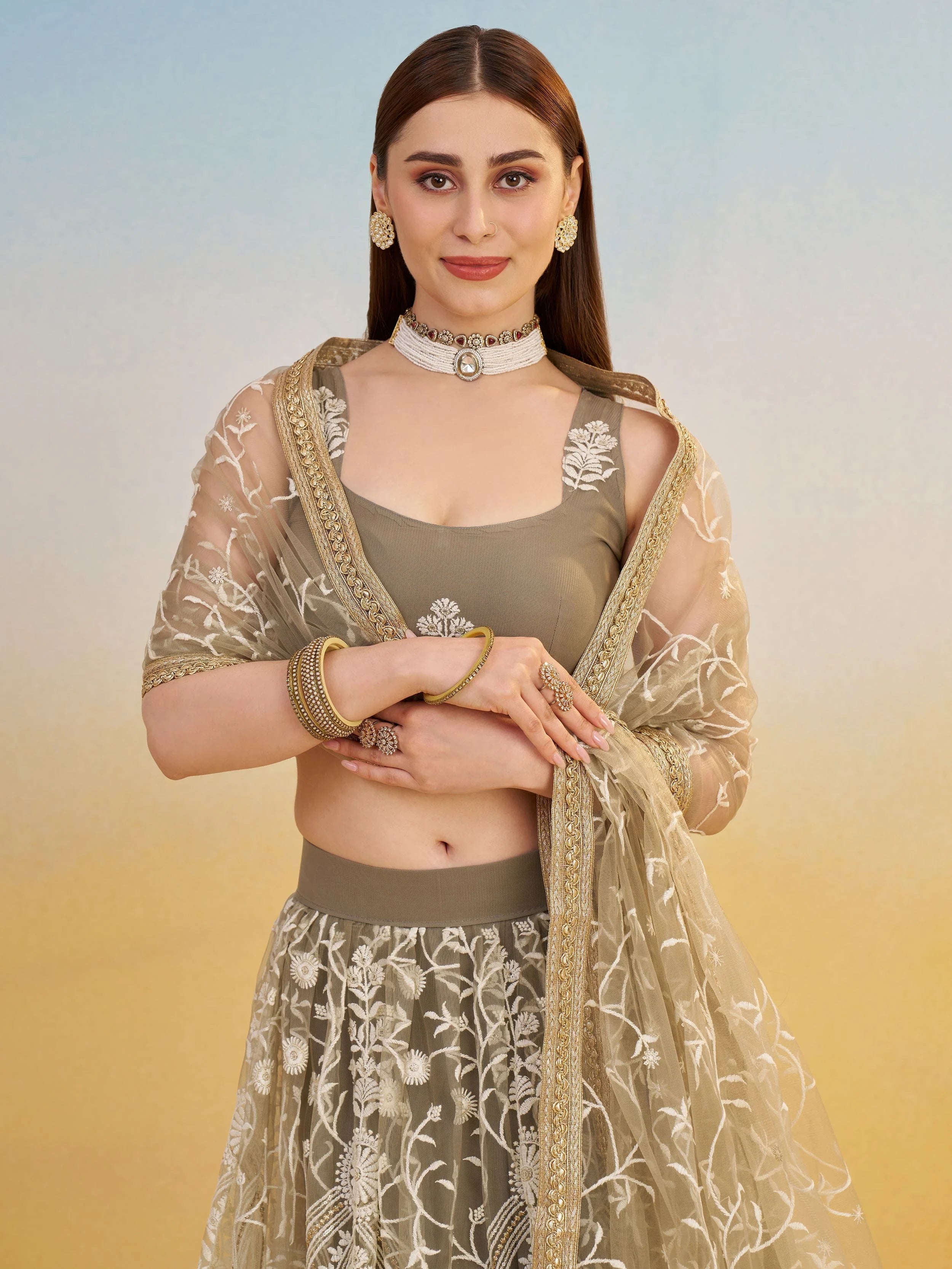 Brown Net Thread Embroidered Reception Wear Lehenga Choli for Women