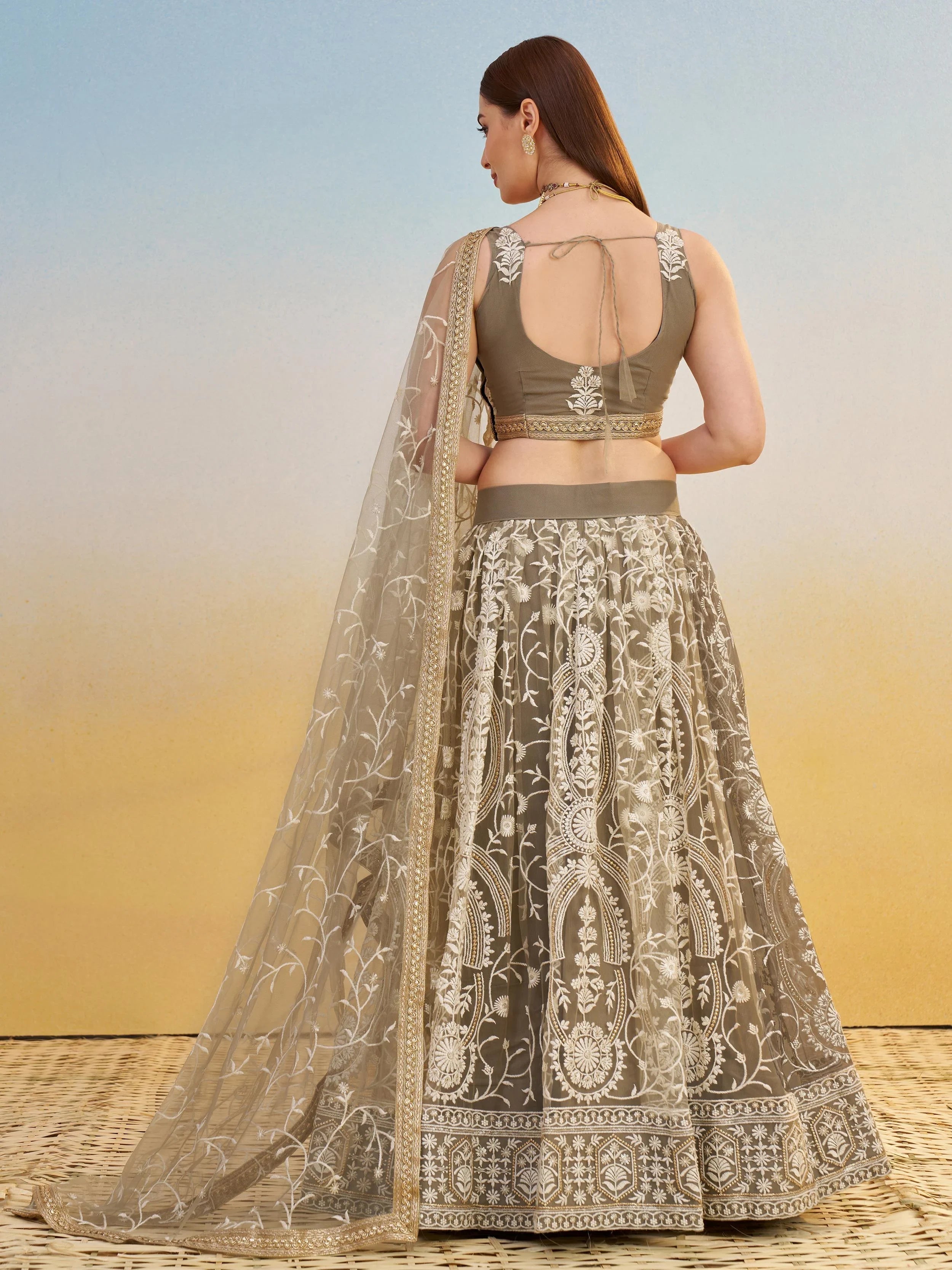 Brown Net Thread Embroidered Reception Wear Lehenga Choli for Women