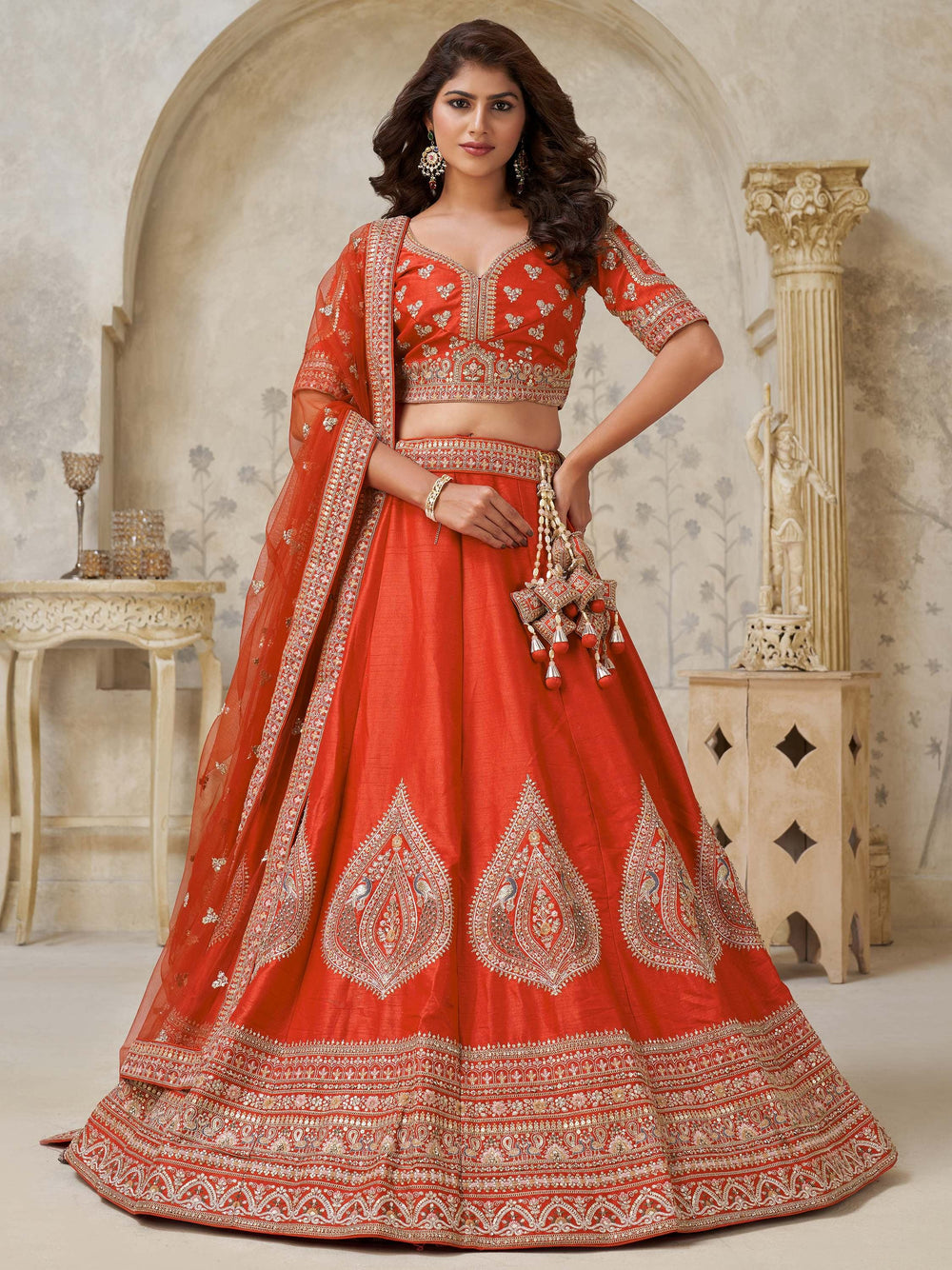 Rust Classy Dori Work Silk Wedding Wear Lehenga Choli With Dupatta for Women