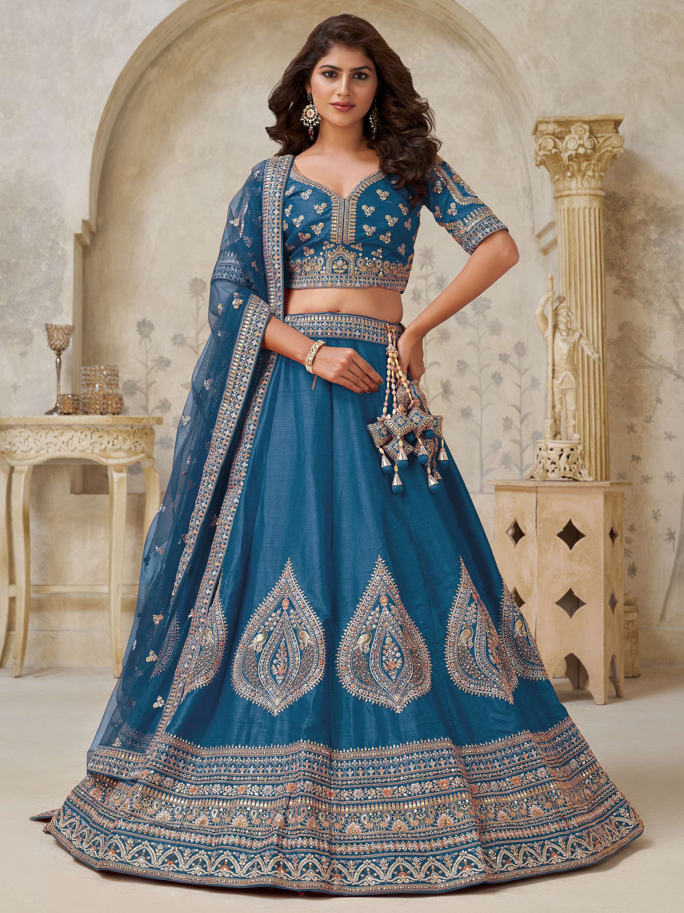 Teal Classy Dori Work Silk Wedding Wear Lehenga Choli With Dupatta for Women