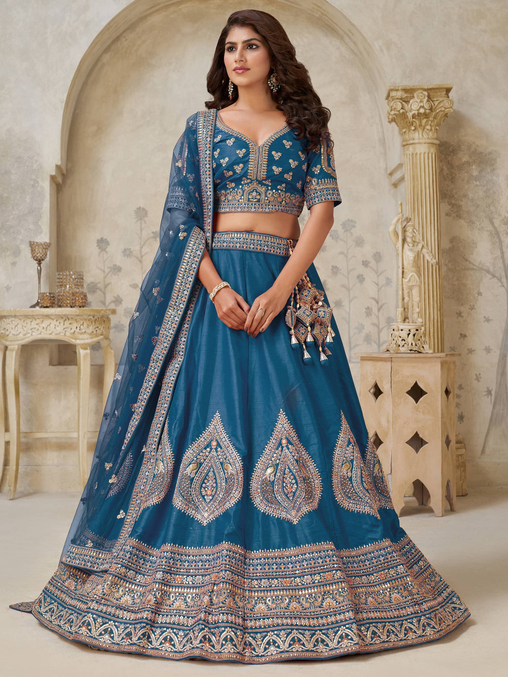 Teal Classy Dori Work Silk Wedding Wear Lehenga Choli With Dupatta for Women