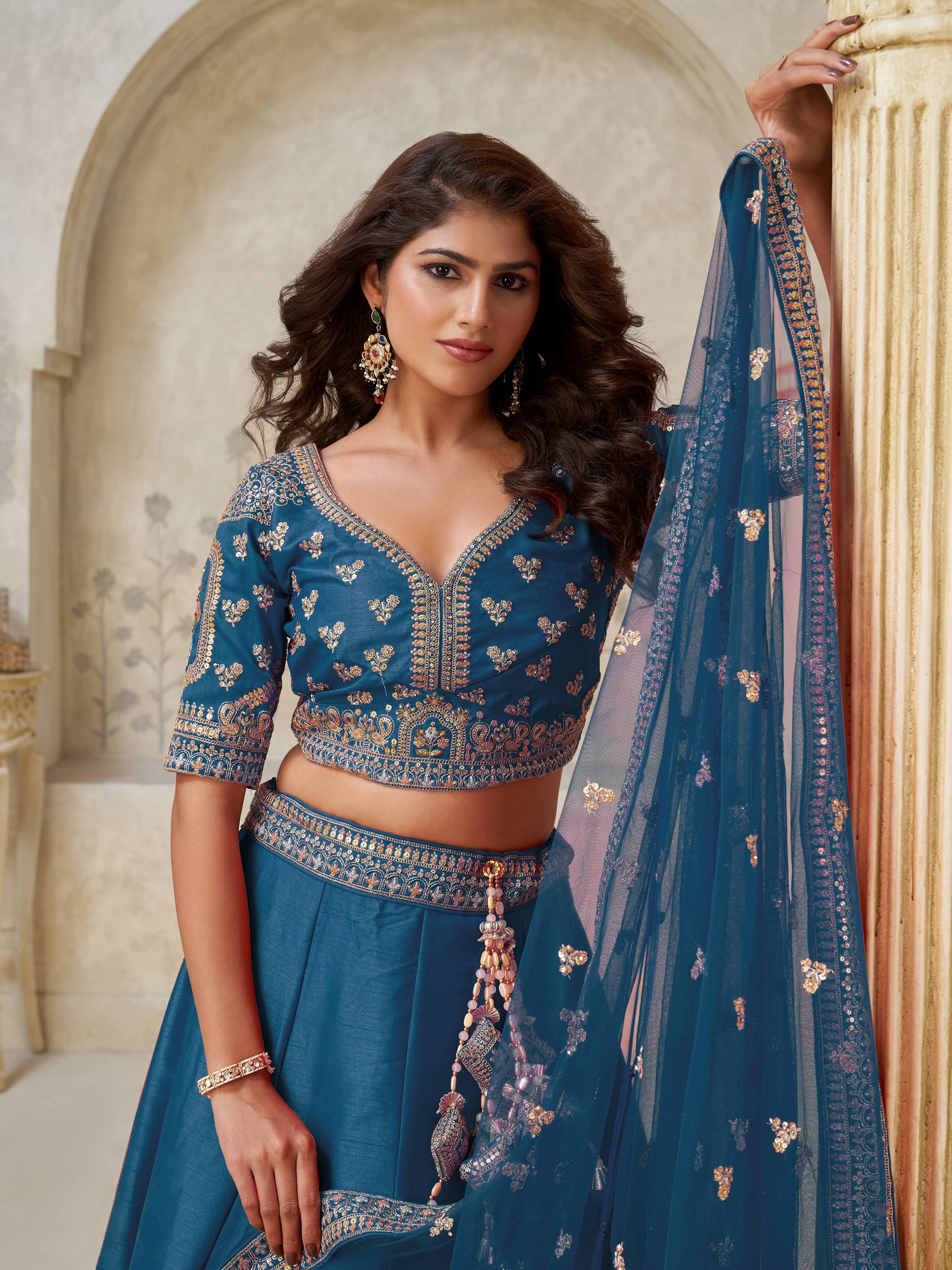 Teal Classy Dori Work Silk Wedding Wear Lehenga Choli With Dupatta for Women