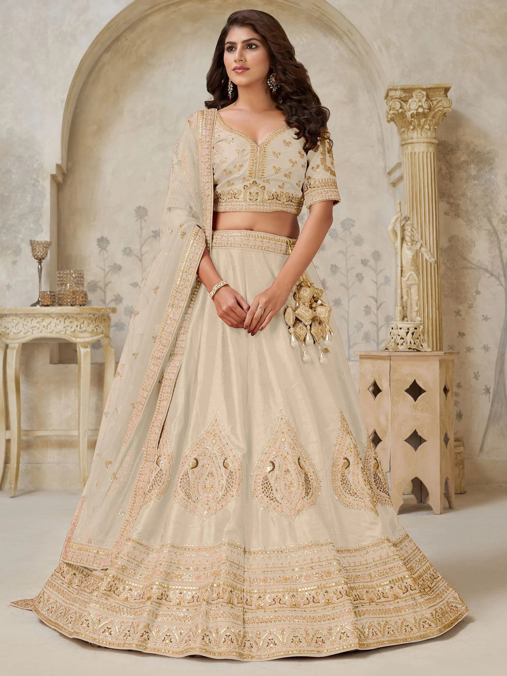 Beige Classy Dori Work Silk Wedding Wear Lehenga Choli With Dupatta for Women