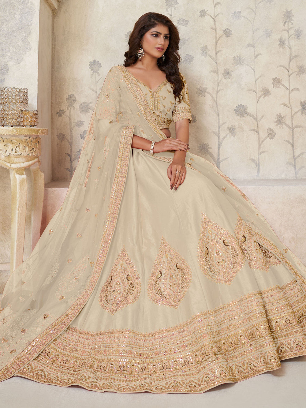Beige Classy Dori Work Silk Wedding Wear Lehenga Choli With Dupatta for Women