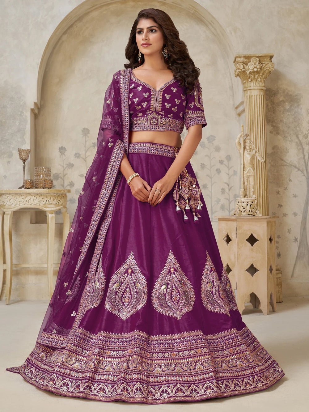 Wine Classy Dori Work Silk Wedding Wear Lehenga Choli With Dupatta for Women