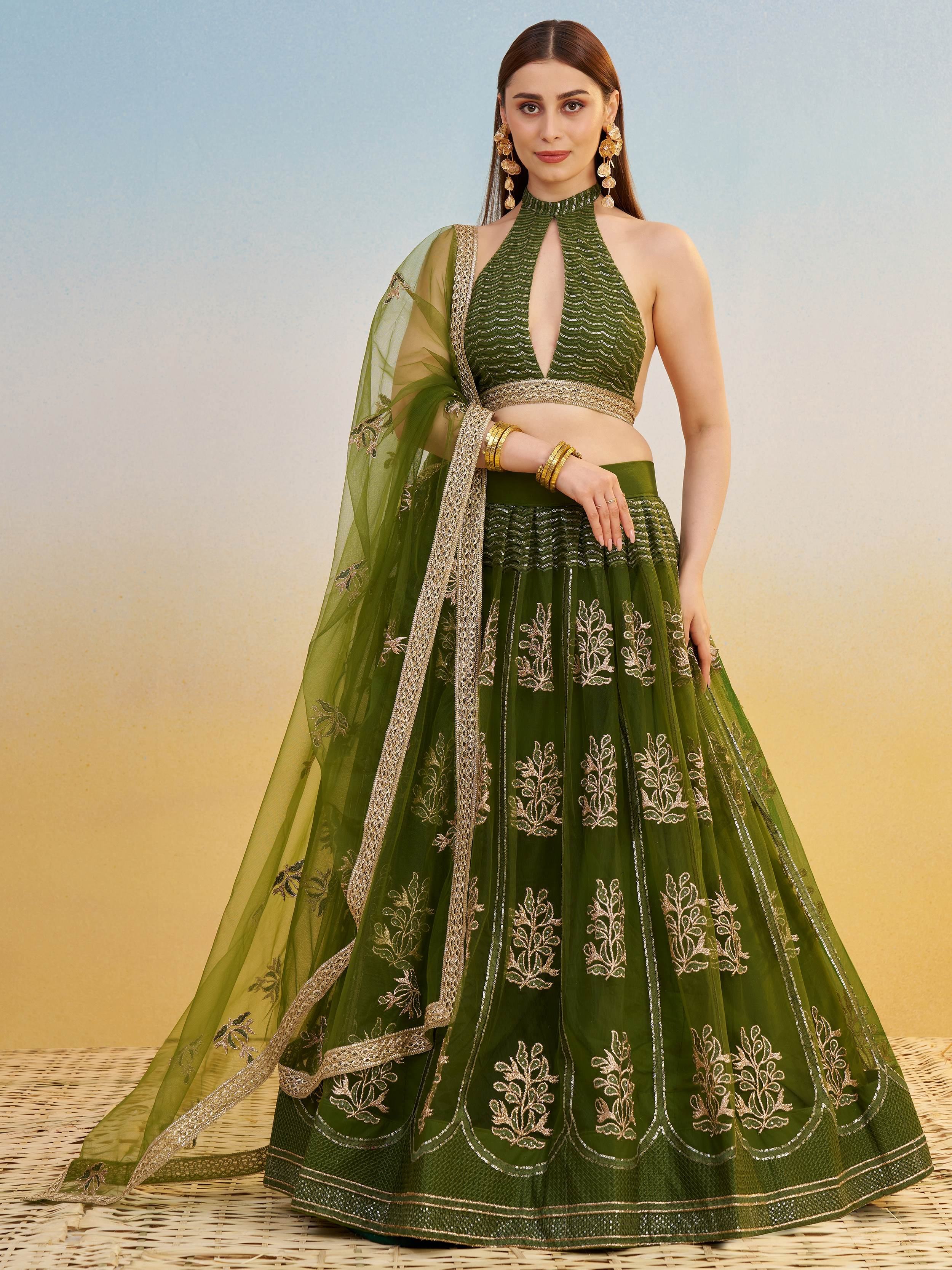 Green Sequins Mehendi Wear Lehenga Choli With Dupatta for Women