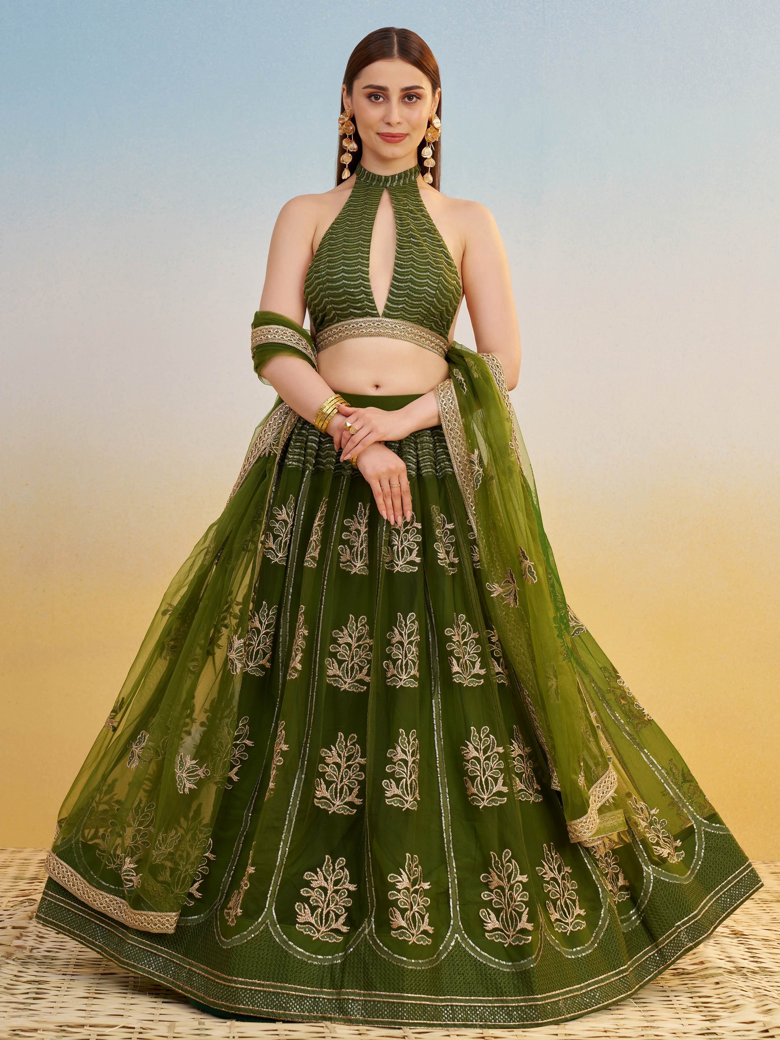 Green Sequins Mehendi Wear Lehenga Choli With Dupatta for Women