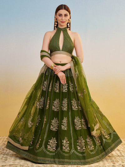 Green Sequins Mehendi Wear Lehenga Choli With Dupatta for Women