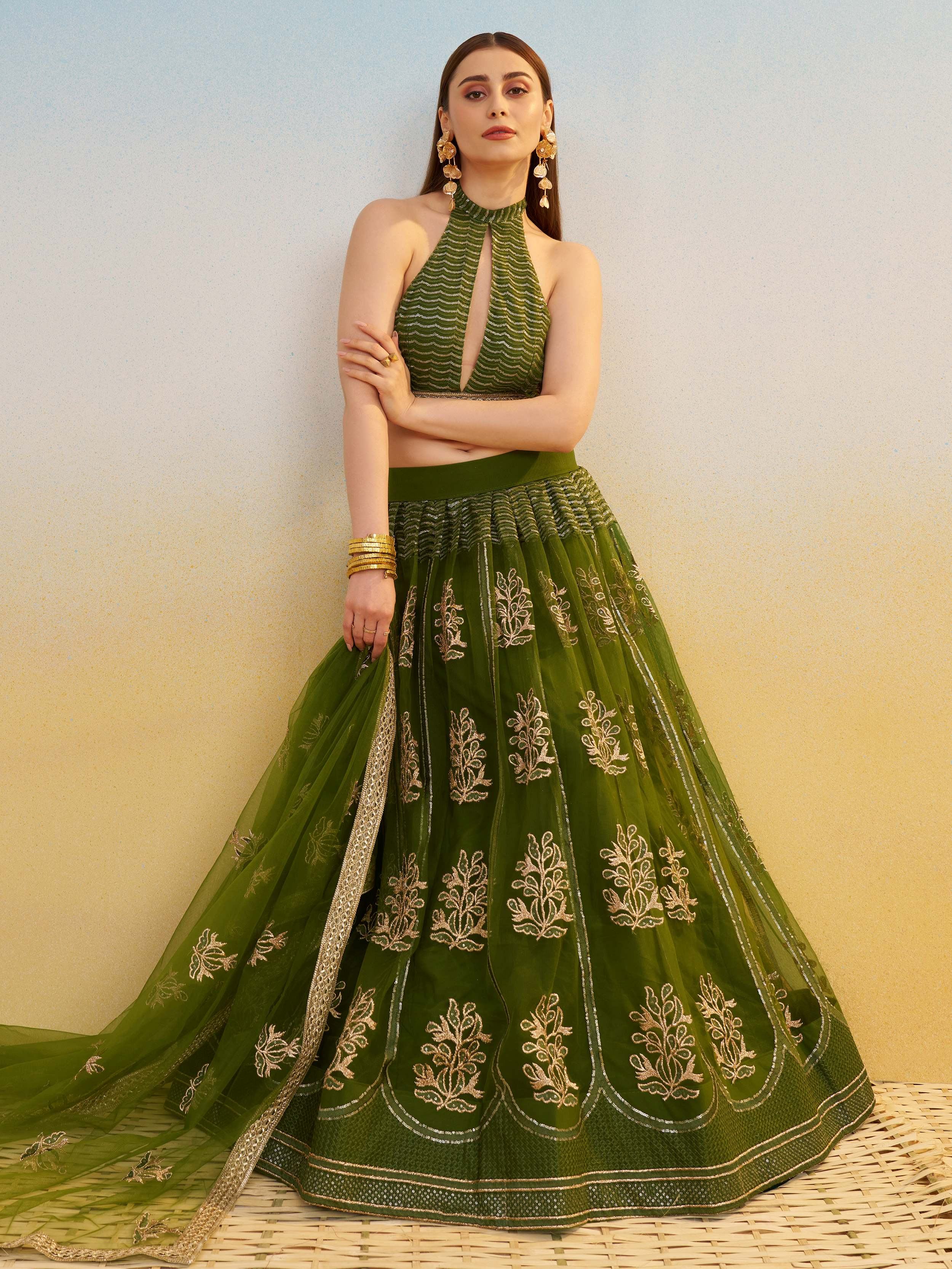 Green Sequins Mehendi Wear Lehenga Choli With Dupatta for Women
