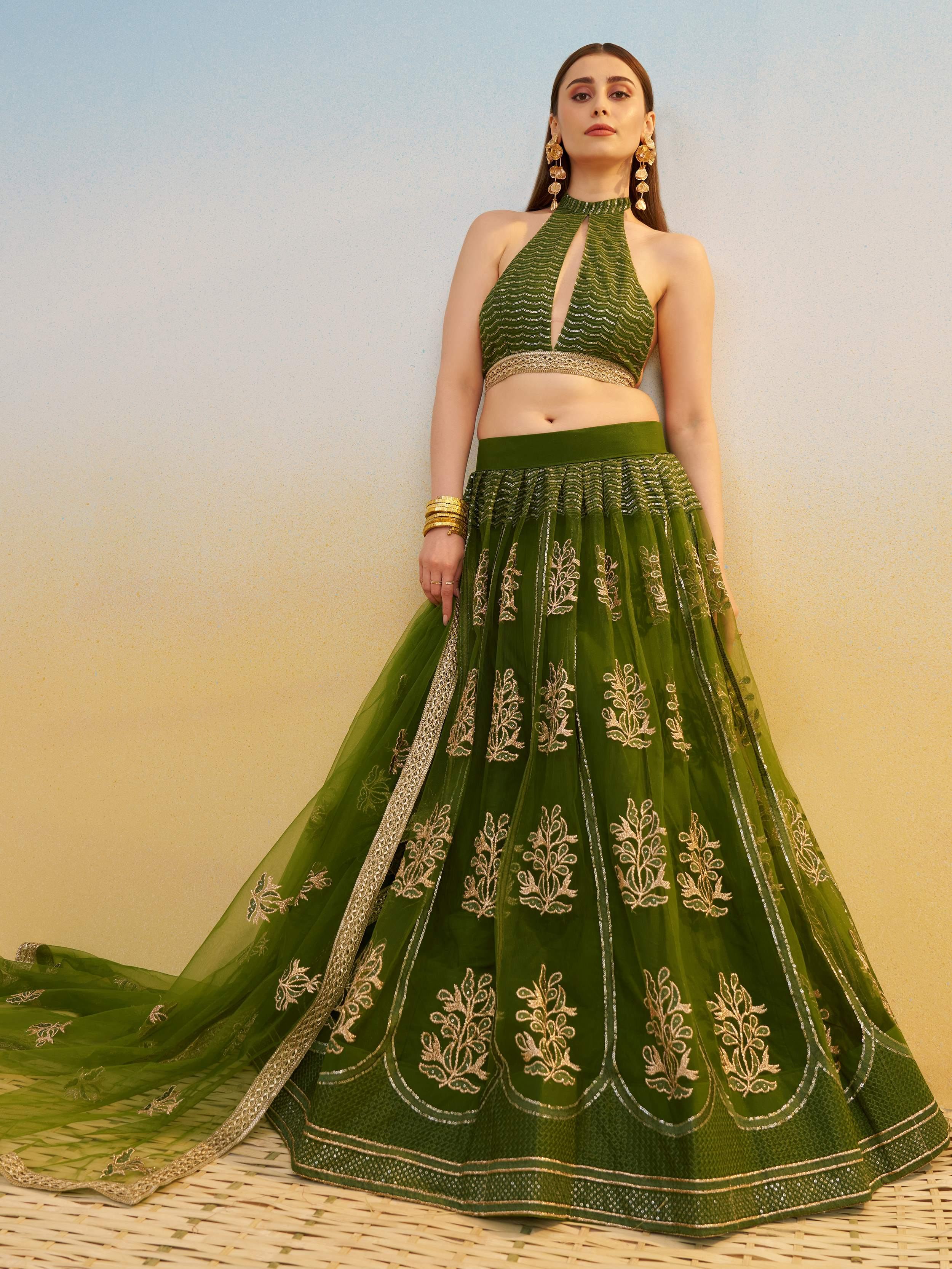 Green Sequins Mehendi Wear Lehenga Choli With Dupatta for Women