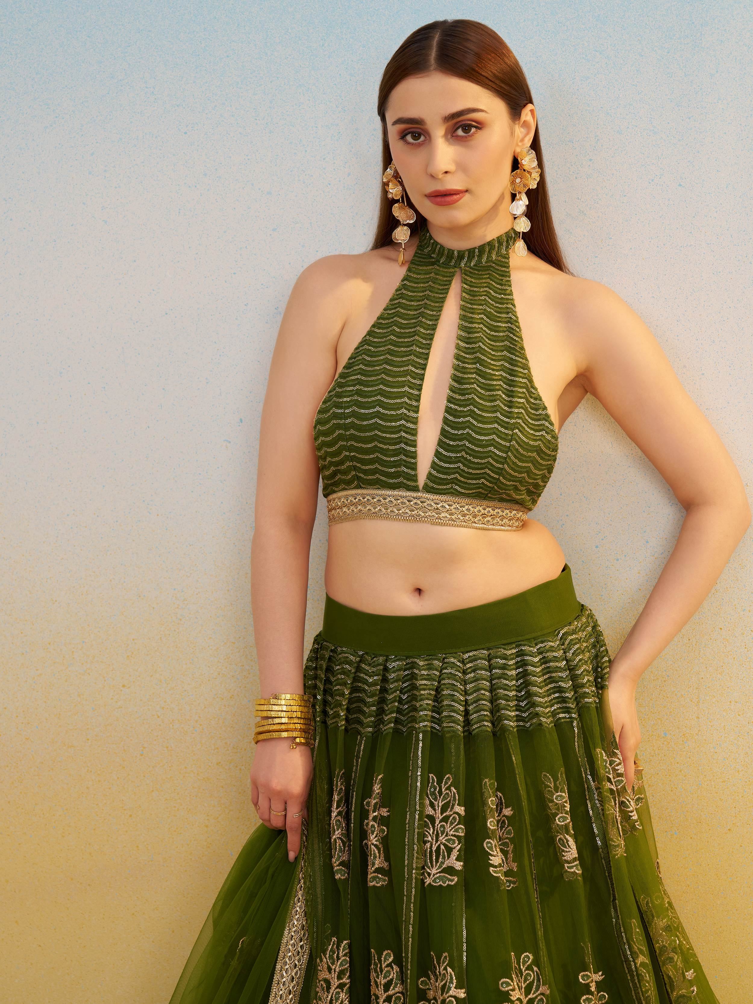 Green Sequins Mehendi Wear Lehenga Choli With Dupatta for Women