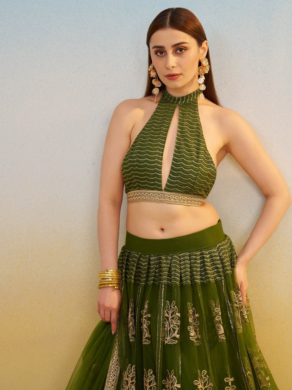 Green Sequins Mehendi Wear Lehenga Choli With Dupatta for Women