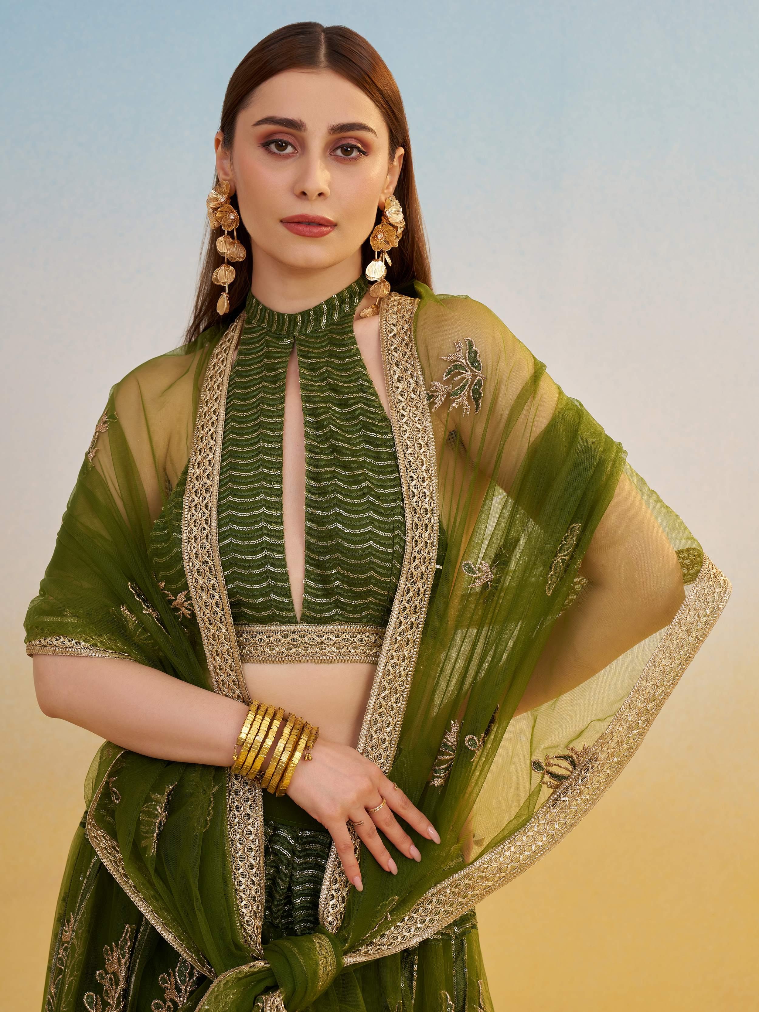 Green Sequins Mehendi Wear Lehenga Choli With Dupatta for Women