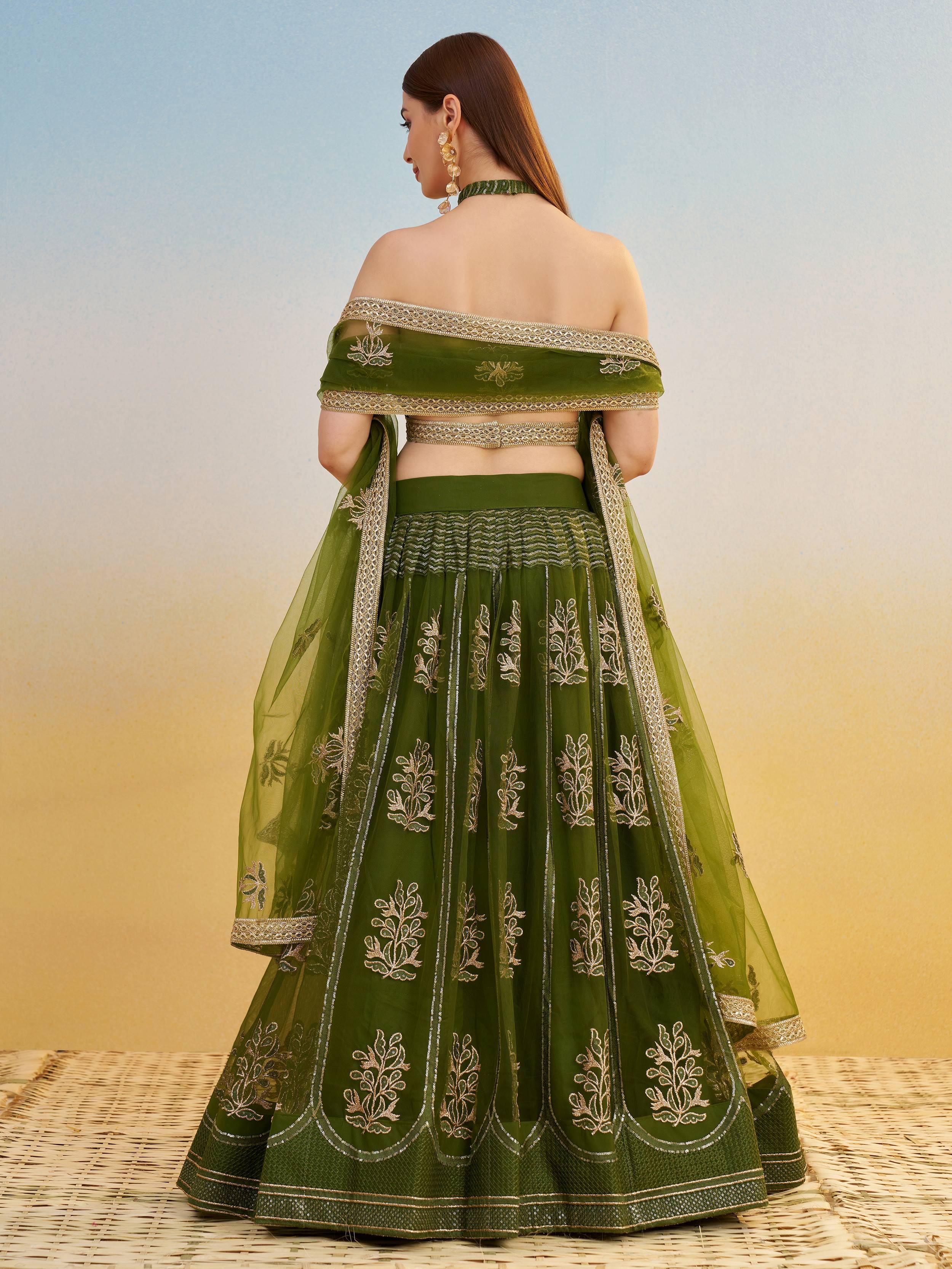 Green Sequins Mehendi Wear Lehenga Choli With Dupatta for Women
