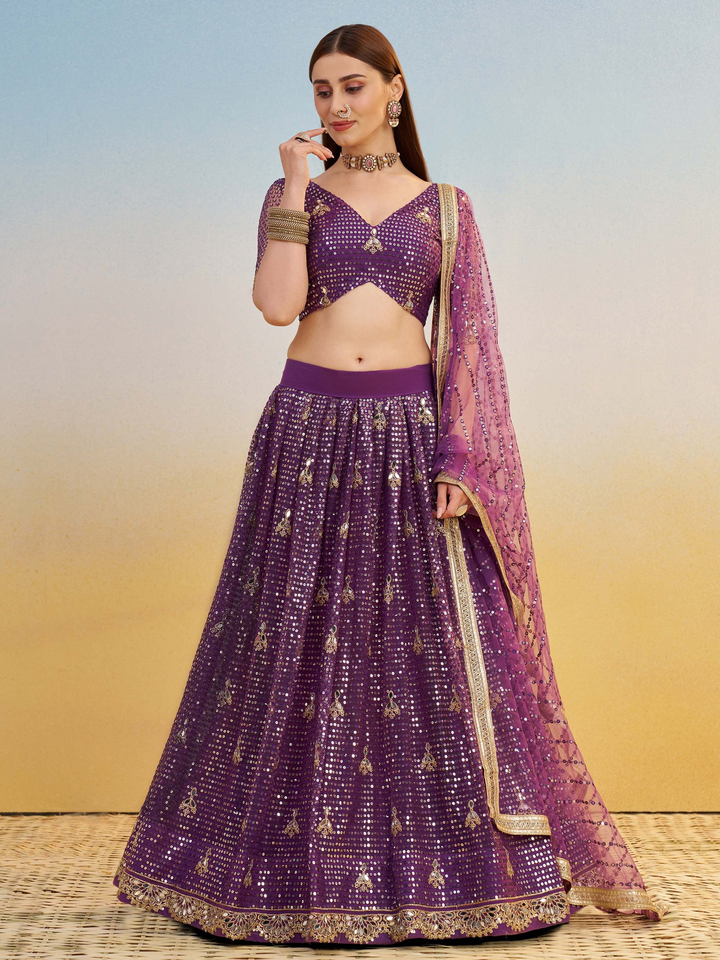 Rich Purple Net Embroidered Engagement Wear Lehenga Choli With Dupatta for Women