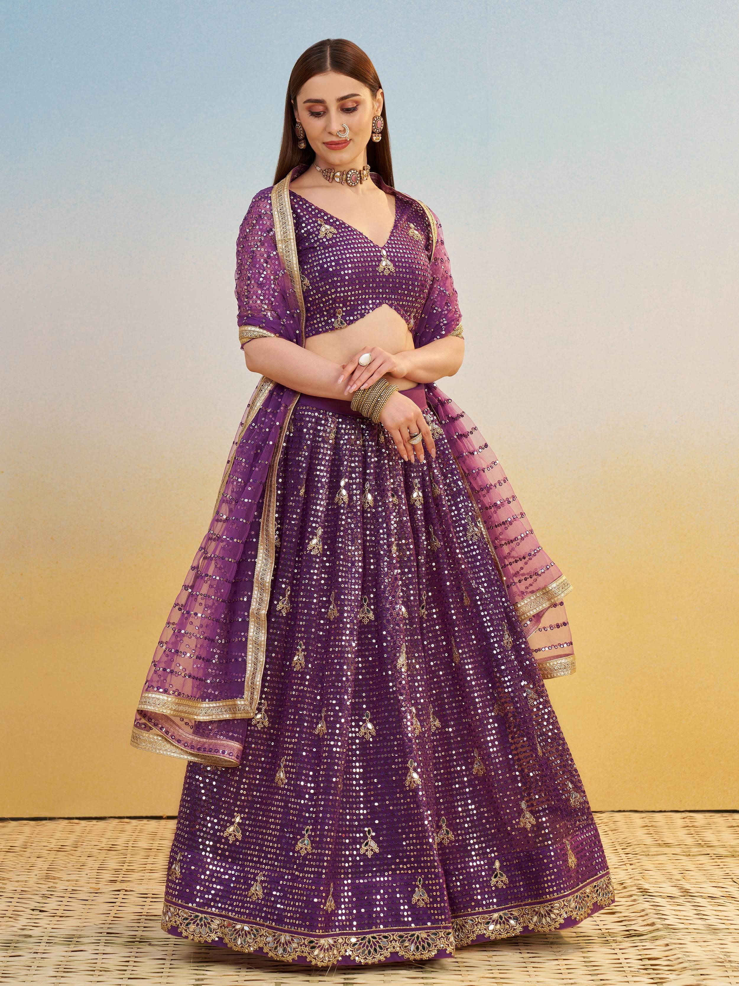 Rich Purple Net Embroidered Engagement Wear Lehenga Choli With Dupatta for Women