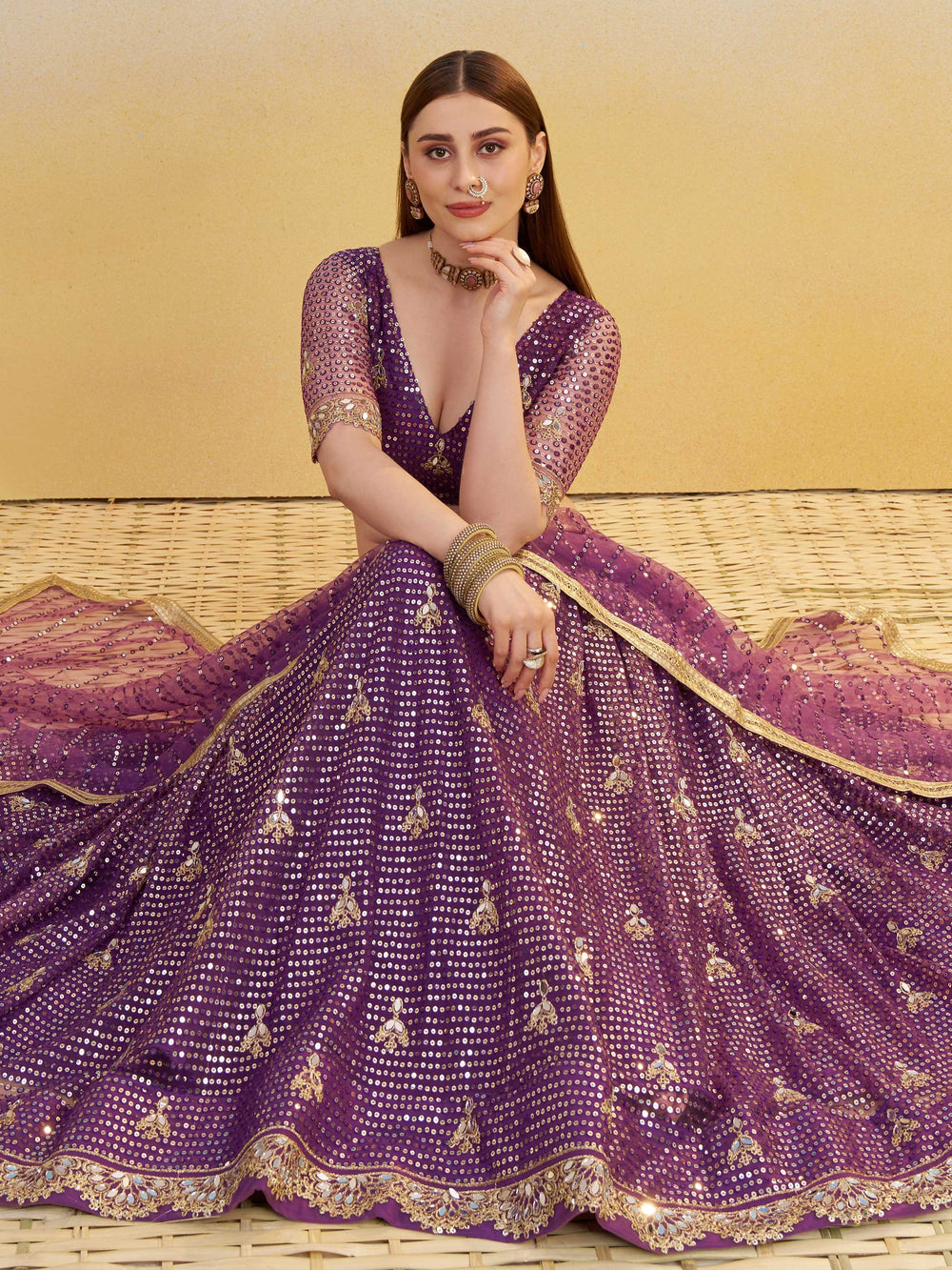 Rich Purple Net Embroidered Engagement Wear Lehenga Choli With Dupatta for Women