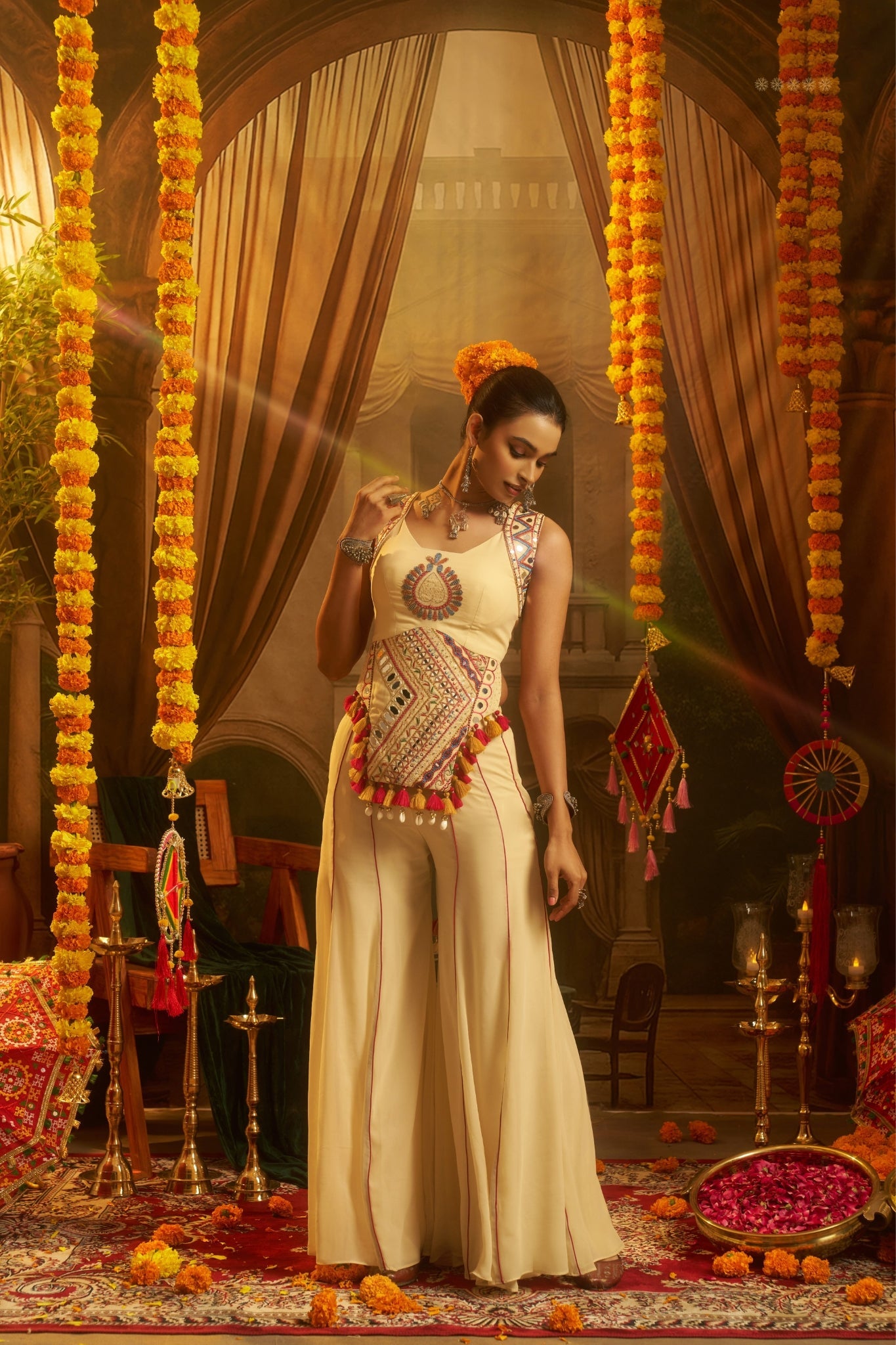 Cream Georgette Thread Mirror Shell Handwork Festive Co-ord Set for Women