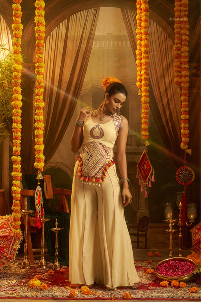 Cream Georgette Thread Mirror Shell Handwork Festive Co-ord Set for Women
