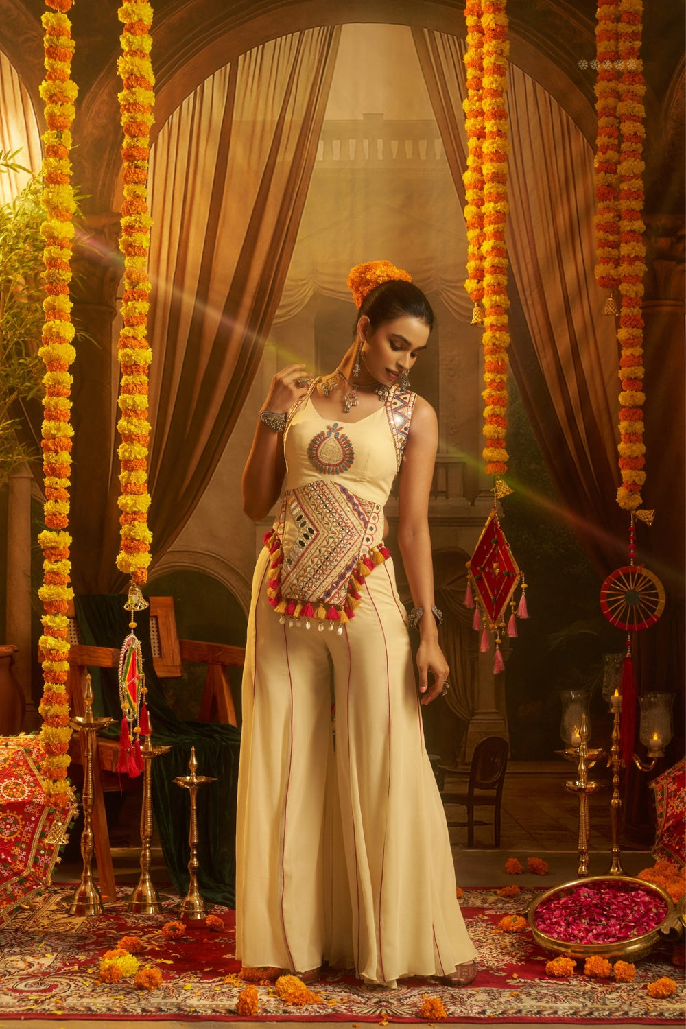 Cream Georgette Thread Mirror Shell Handwork Festive Co-ord Set for Women