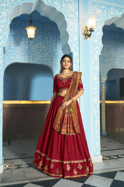 Stunning Vichitra Silk Embroidery Sequins Worked Lehenga Choli Set - Zimonza