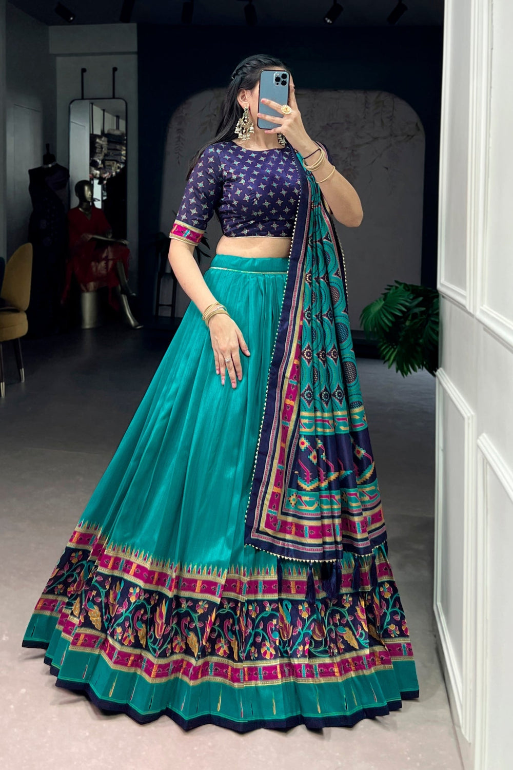 Sky Blue Printed Tasar Silk Festive Lehenga Choli for Women