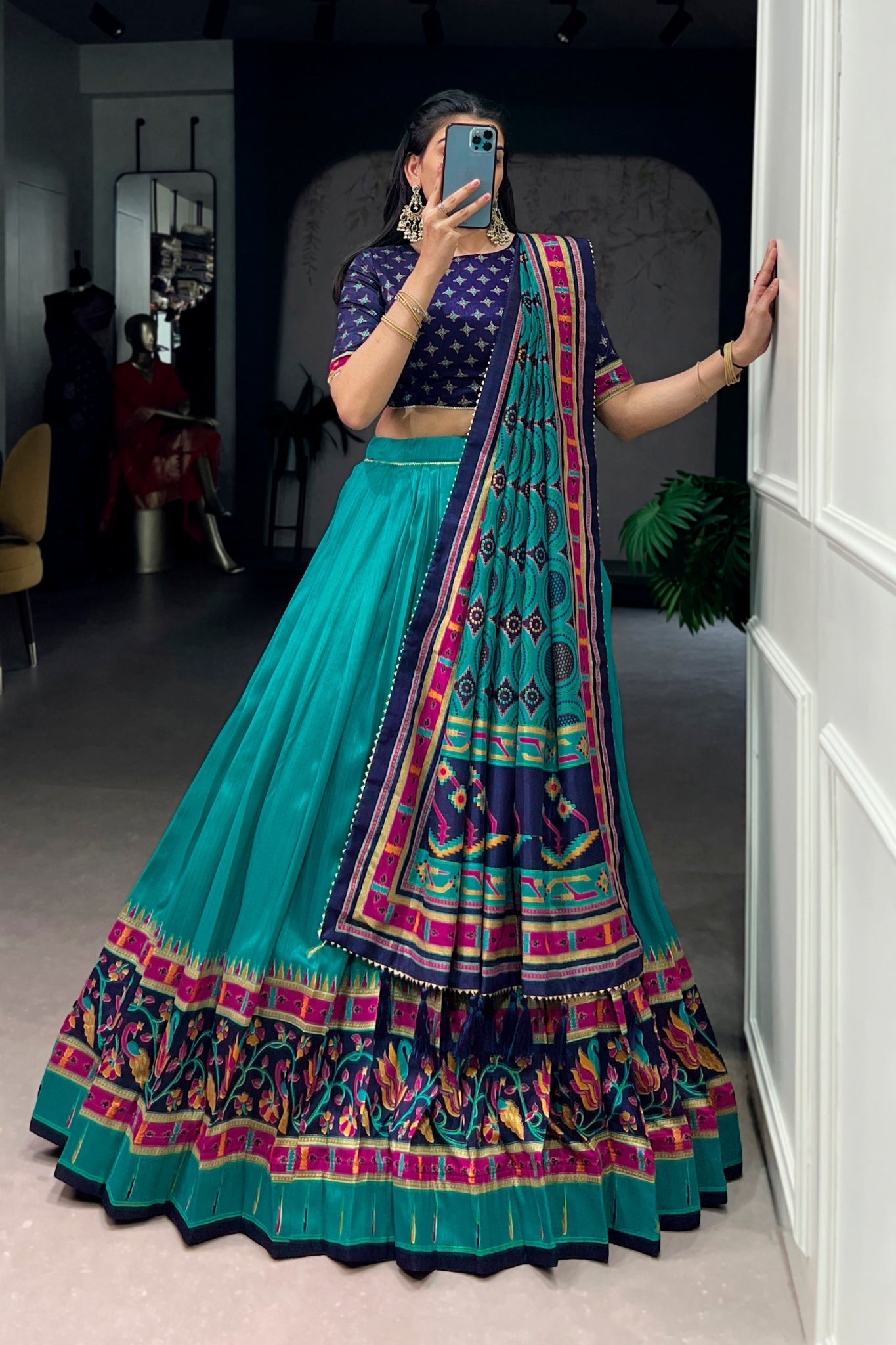 Sky Blue Printed Tasar Silk Festive Lehenga Choli for Women