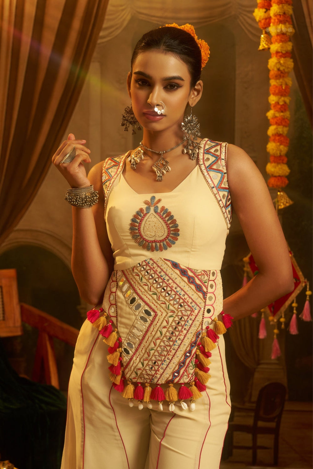 Cream Georgette Thread Mirror Shell Handwork Festive Co-ord Set for Women