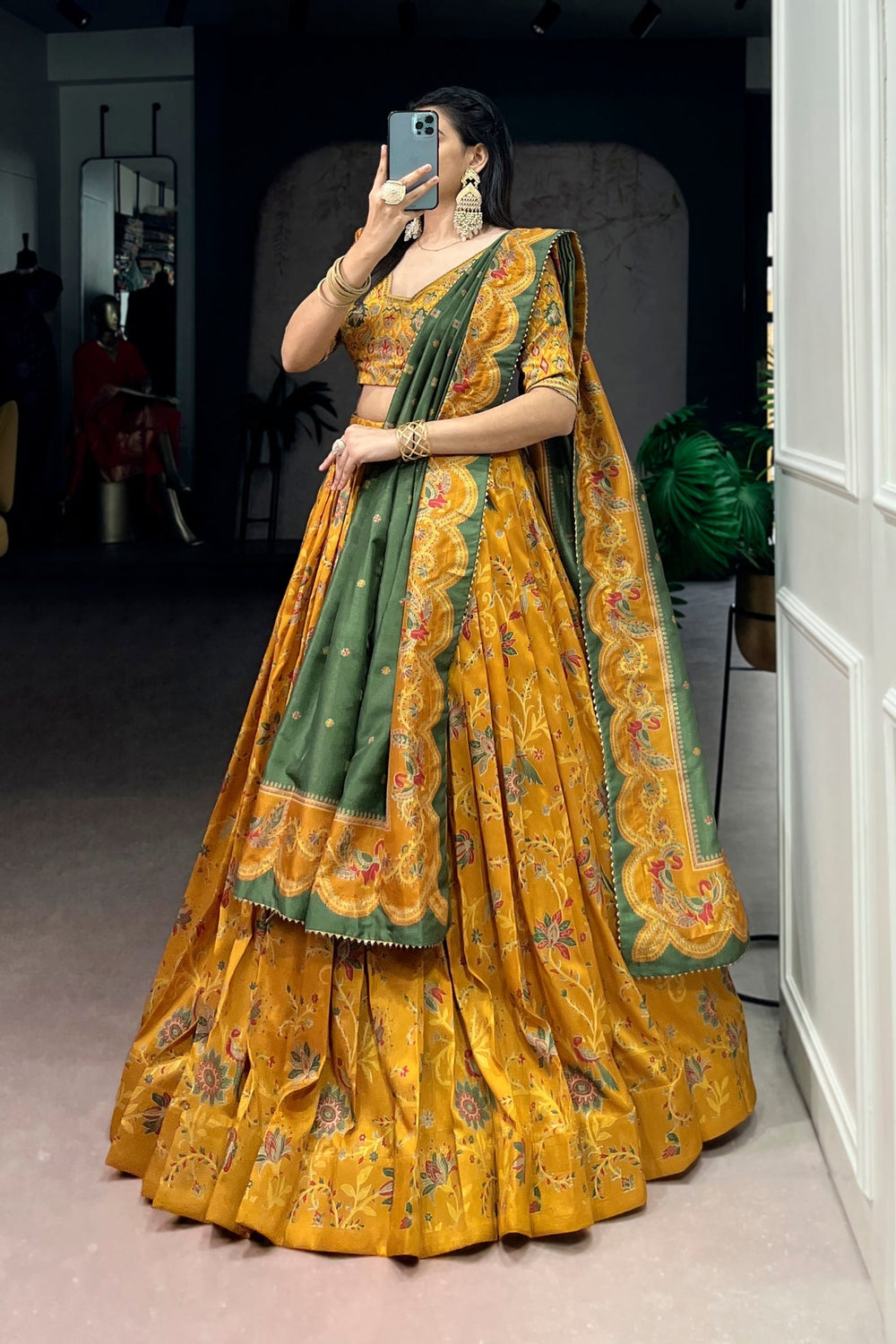 Attractive Tassar Silk Printed Lehenga Choli Set - Zimonza